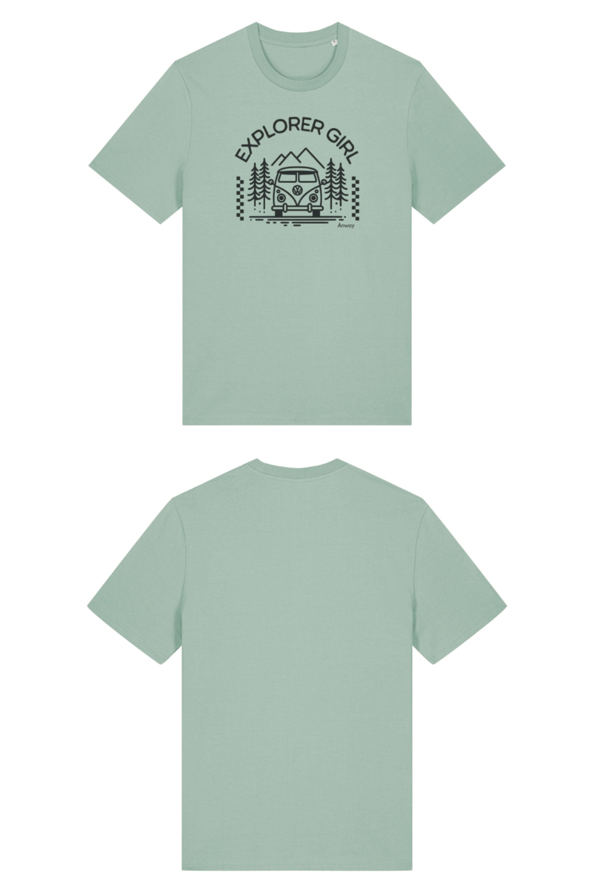T-Shirt aus 100 % Bio-Baumwolle mit normaler Passform, erhältlich in verschiedenen Farben wie Blue Soul, Cotton Pink, Lavender, Aloe, Weiss und Schwarz. Individuell bedruckbar mit Wunschmotiv. Weiches, angenehm leichtes Material für hohen Tragekomfort. Ideal für einen zeitgemässen, entspannten Look. Mit Aufdruck "EXPLORER GIRL", einem VW-Bus, Tannen und Bergen auf der Vorderseite – modernes Design für Outdoor-Liebhaberinnen.