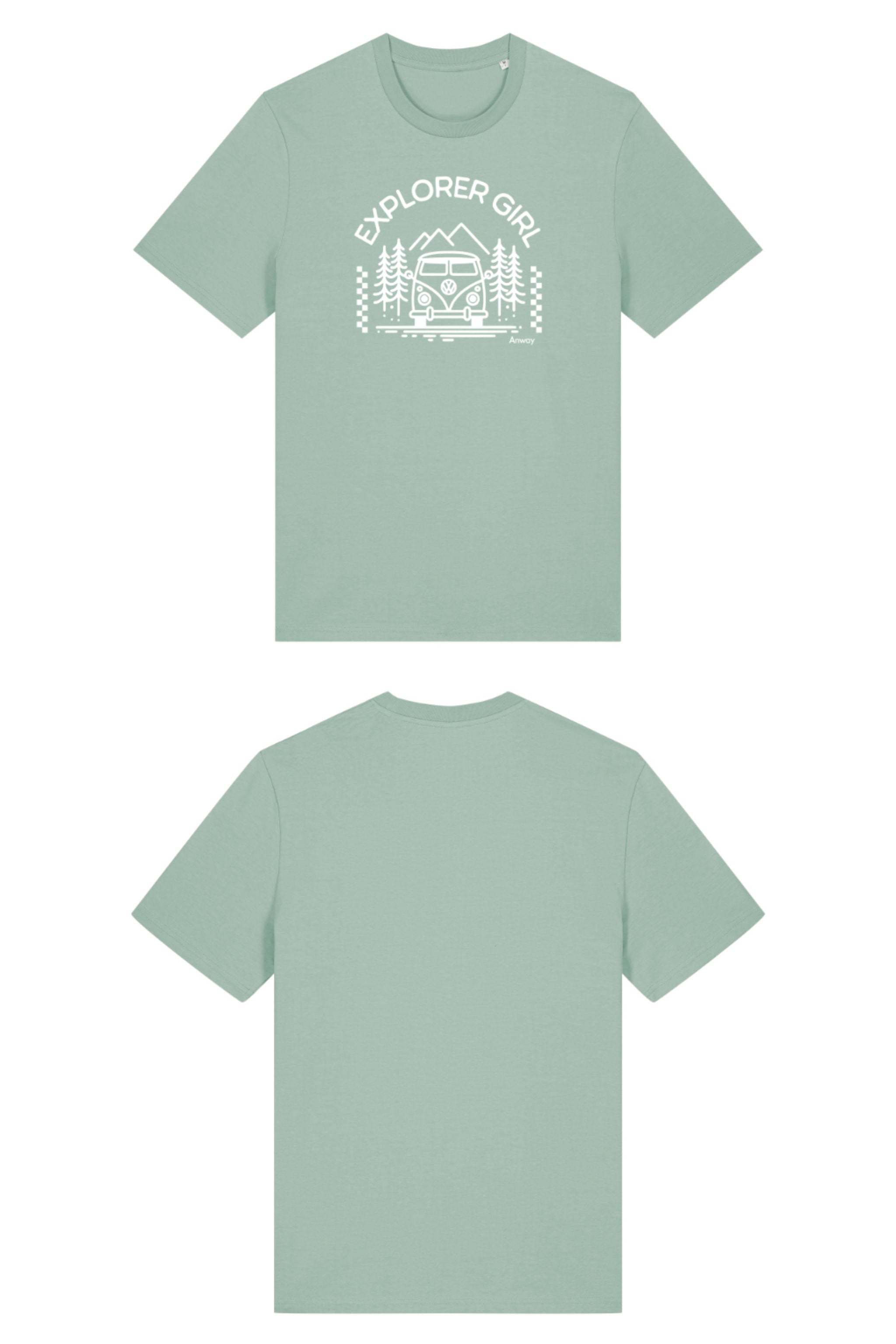 T-Shirt aus 100 % Bio-Baumwolle mit normaler Passform, erhältlich in verschiedenen Farben wie Blue Soul, Cotton Pink, Lavender, Aloe, Weiss und Schwarz. Individuell bedruckbar mit Wunschmotiv. Weiches, angenehm leichtes Material für hohen Tragekomfort. Ideal für einen zeitgemässen, entspannten Look. Mit Aufdruck "EXPLORER GIRL", einem VW-Bus, Tannen und Bergen auf der Vorderseite – modernes Design für Outdoor-Liebhaberinnen.