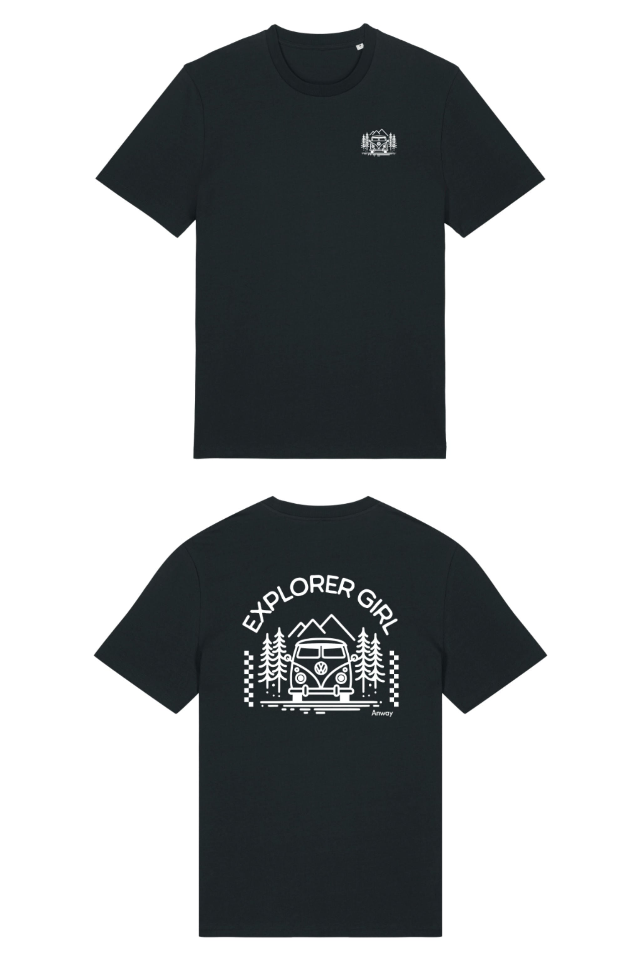 T-Shirt aus 100 % Bio-Baumwolle mit normaler Passform, erhältlich in verschiedenen Farben wie Blue Soul, Cotton Pink, Lavender, Aloe, Weiss und Schwarz. Individuell bedruckbar mit Wunschmotiv. Weiches, angenehm leichtes Material für hohen Tragekomfort. Ideal für einen zeitgemässen, entspannten Look. Mit Aufdruck auf dem Rücken "EXPLORER GIRL", einem VW-Bus, Tannen und Bergen und einem kleinen Aufdruck auf der linken Brust – modernes Design für Outdoor-Liebhaberinnen.