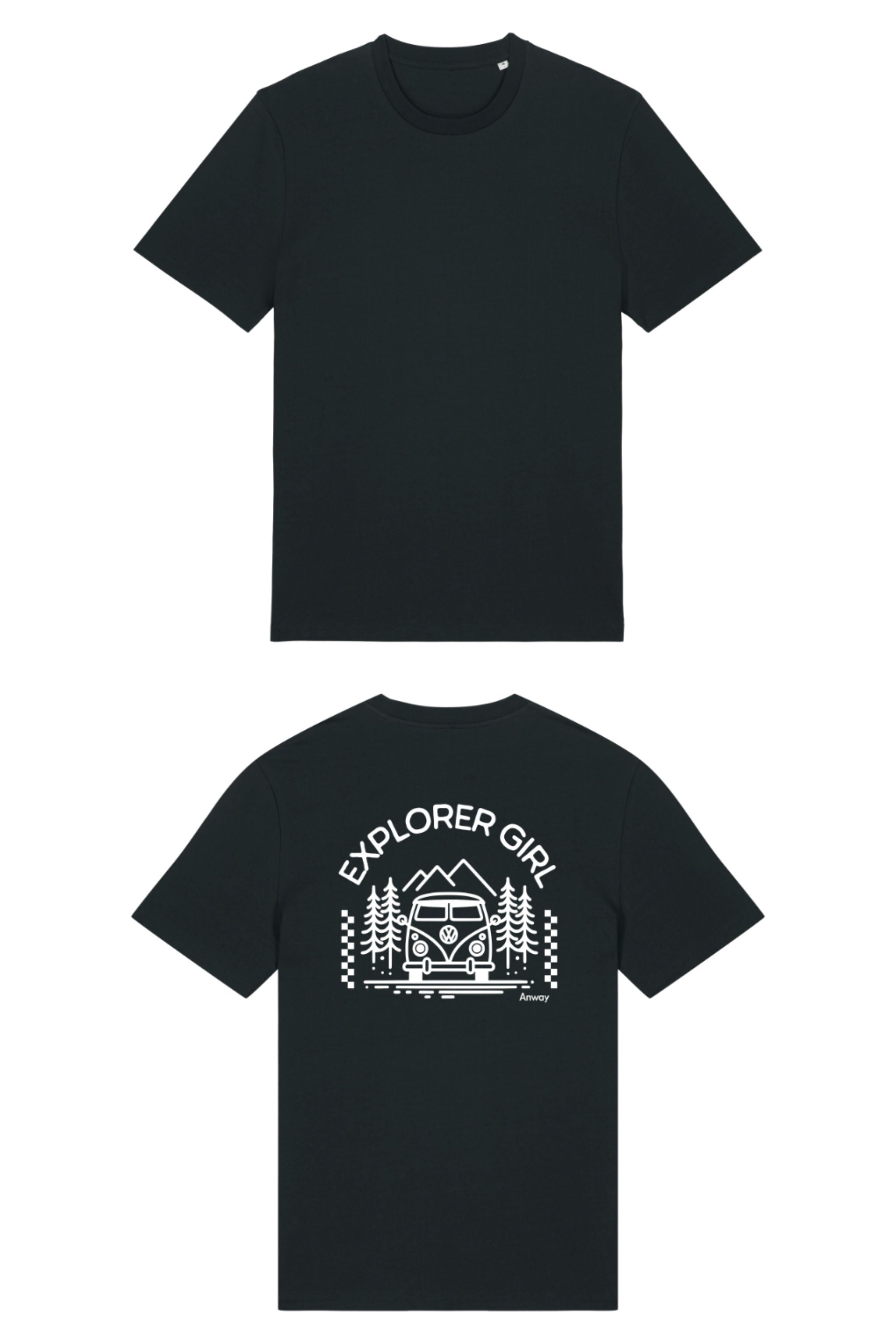T-Shirt aus 100 % Bio-Baumwolle mit normaler Passform, erhältlich in verschiedenen Farben wie Blue Soul, Cotton Pink, Lavender, Aloe, Weiss und Schwarz. Individuell bedruckbar mit Wunschmotiv. Weiches, angenehm leichtes Material für hohen Tragekomfort. Ideal für einen zeitgemässen, entspannten Look. Mit Aufdruck auf dem Rücken "EXPLORER GIRL", einem VW-Bus, Tannen und Bergen – modernes Design für Outdoor-Liebhaberinnen.