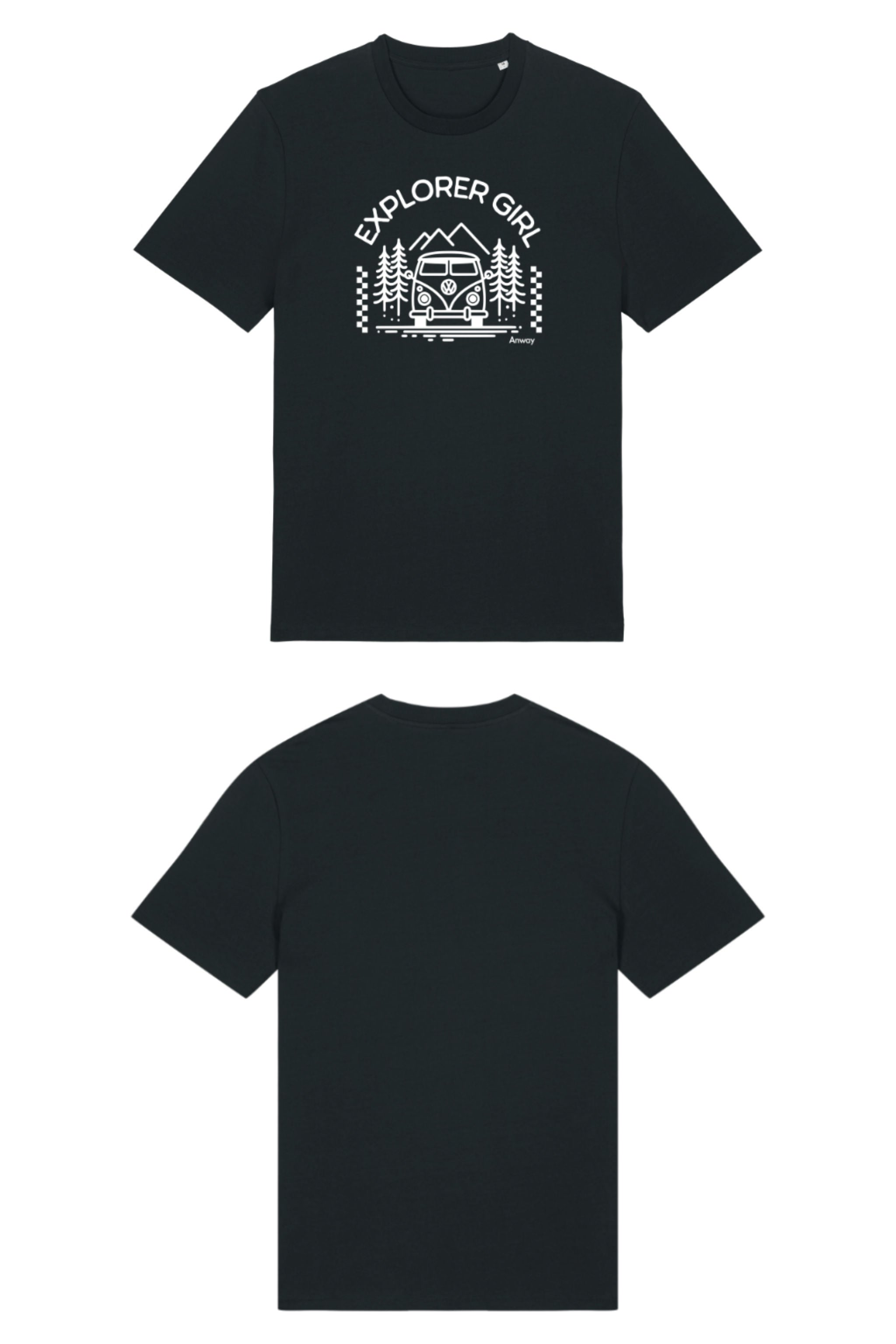T-Shirt aus 100 % Bio-Baumwolle mit normaler Passform, erhältlich in verschiedenen Farben wie Blue Soul, Cotton Pink, Lavender, Aloe, Weiss und Schwarz. Individuell bedruckbar mit Wunschmotiv. Weiches, angenehm leichtes Material für hohen Tragekomfort. Ideal für einen zeitgemässen, entspannten Look. Mit Aufdruck "EXPLORER GIRL", einem VW-Bus, Tannen und Bergen auf der Vorderseite – modernes Design für Outdoor-Liebhaberinnen.