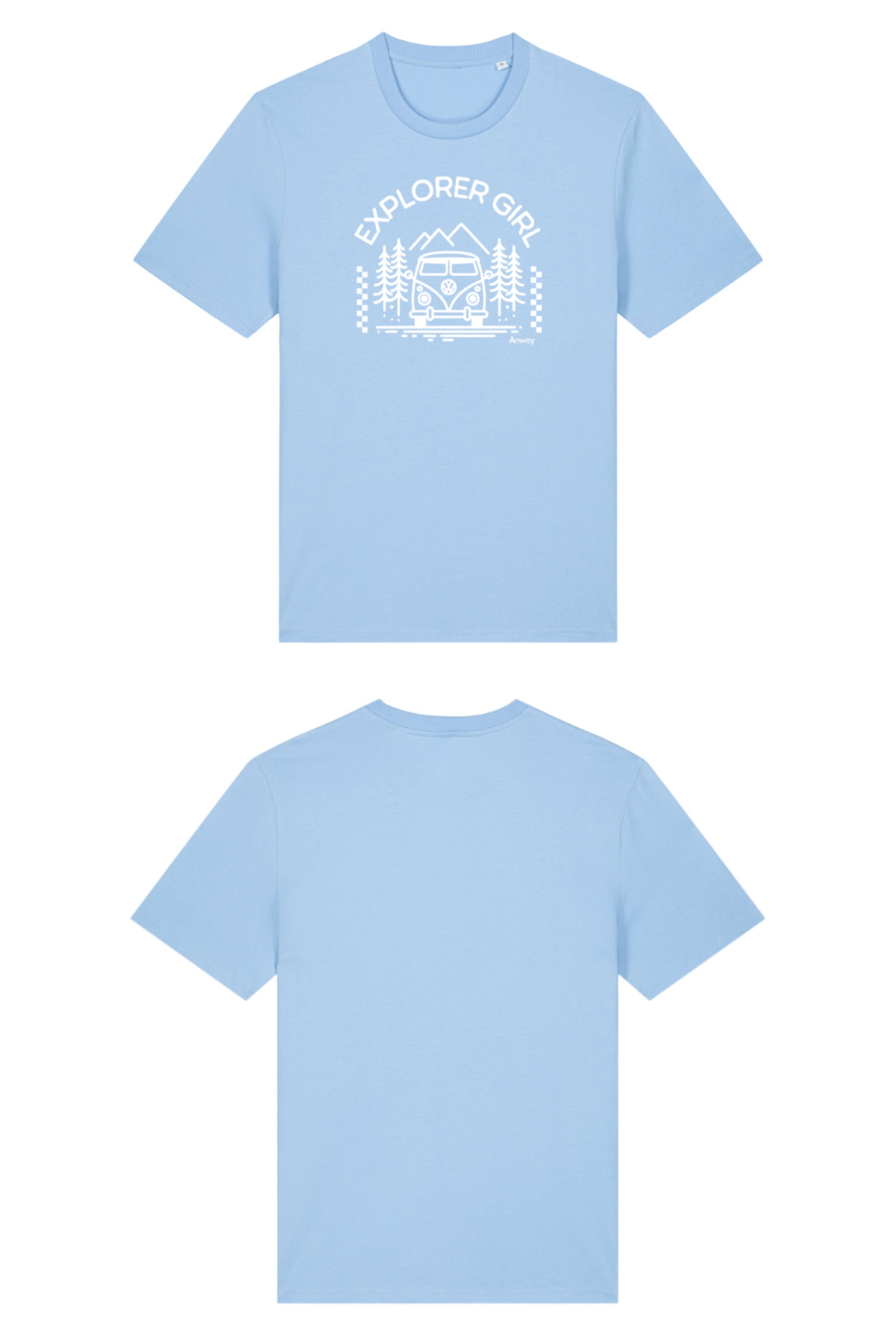 T-Shirt aus 100 % Bio-Baumwolle mit normaler Passform, erhältlich in verschiedenen Farben wie Blue Soul, Cotton Pink, Lavender, Aloe, Weiss und Schwarz. Individuell bedruckbar mit Wunschmotiv. Weiches, angenehm leichtes Material für hohen Tragekomfort. Ideal für einen zeitgemässen, entspannten Look. Mit Aufdruck "EXPLORER GIRL", einem VW-Bus, Tannen und Bergen auf der Vorderseite – modernes Design für Outdoor-Liebhaberinnen.