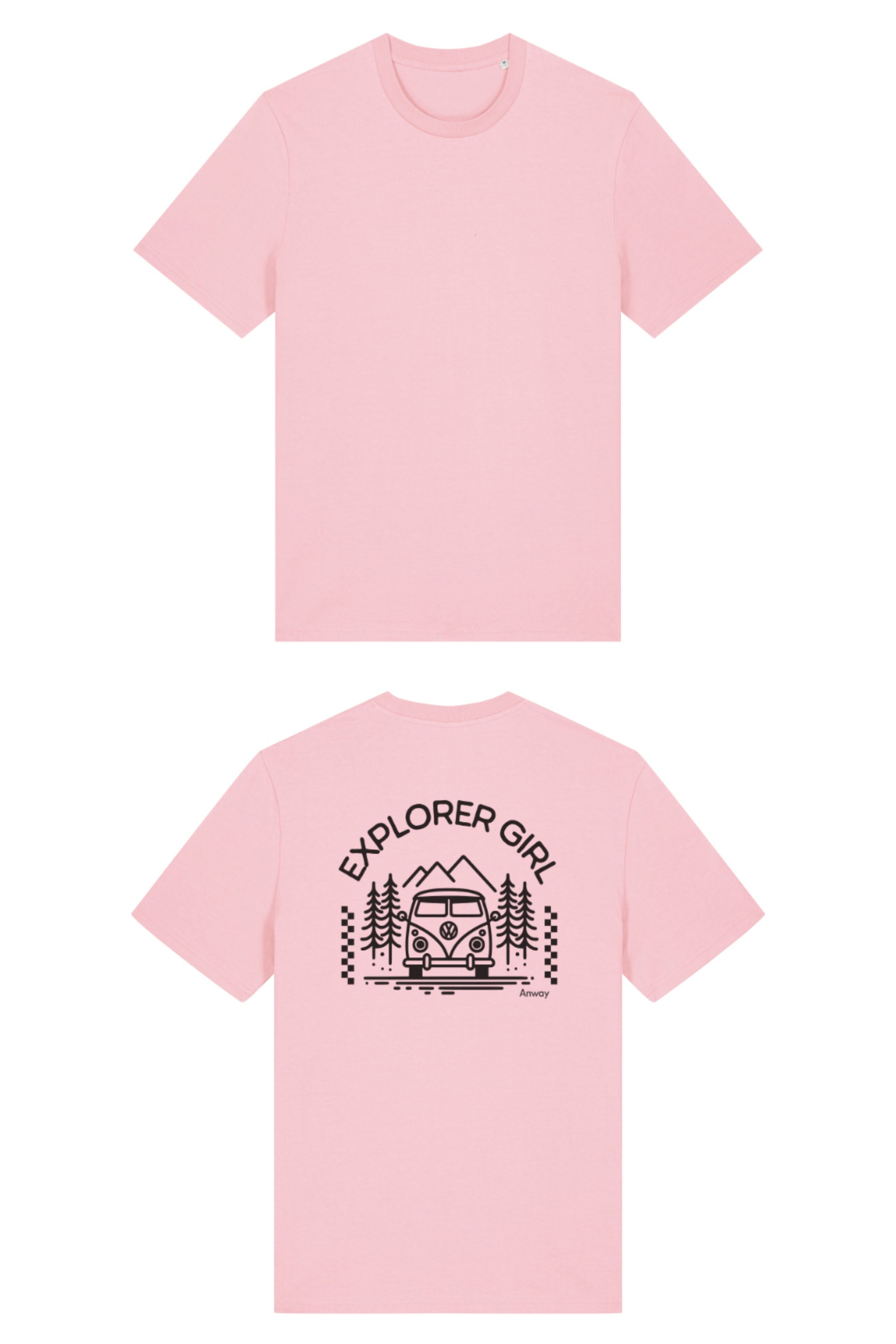 T-Shirt aus 100 % Bio-Baumwolle mit normaler Passform, erhältlich in verschiedenen Farben wie Blue Soul, Cotton Pink, Lavender, Aloe, Weiss und Schwarz. Individuell bedruckbar mit Wunschmotiv. Weiches, angenehm leichtes Material für hohen Tragekomfort. Ideal für einen zeitgemässen, entspannten Look. Mit Aufdruck auf dem Rücken "EXPLORER GIRL", einem VW-Bus, Tannen und Bergen – modernes Design für Outdoor-Liebhaberinnen.