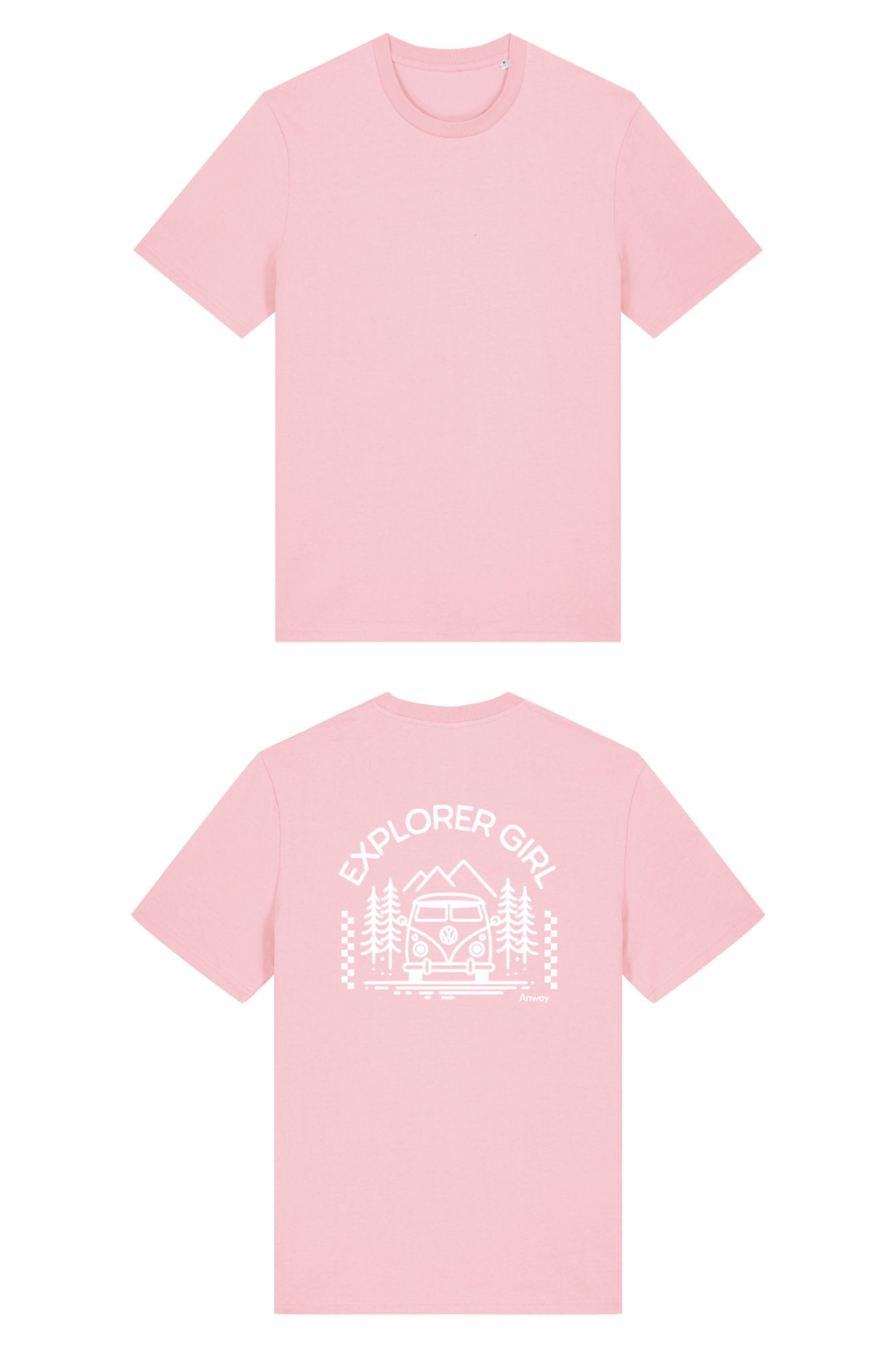 T-Shirt aus 100 % Bio-Baumwolle mit normaler Passform, erhältlich in verschiedenen Farben wie Blue Soul, Cotton Pink, Lavender, Aloe, Weiss und Schwarz. Individuell bedruckbar mit Wunschmotiv. Weiches, angenehm leichtes Material für hohen Tragekomfort. Ideal für einen zeitgemässen, entspannten Look. Mit Aufdruck auf dem Rücken "EXPLORER GIRL", einem VW-Bus, Tannen und Bergen – modernes Design für Outdoor-Liebhaberinnen.