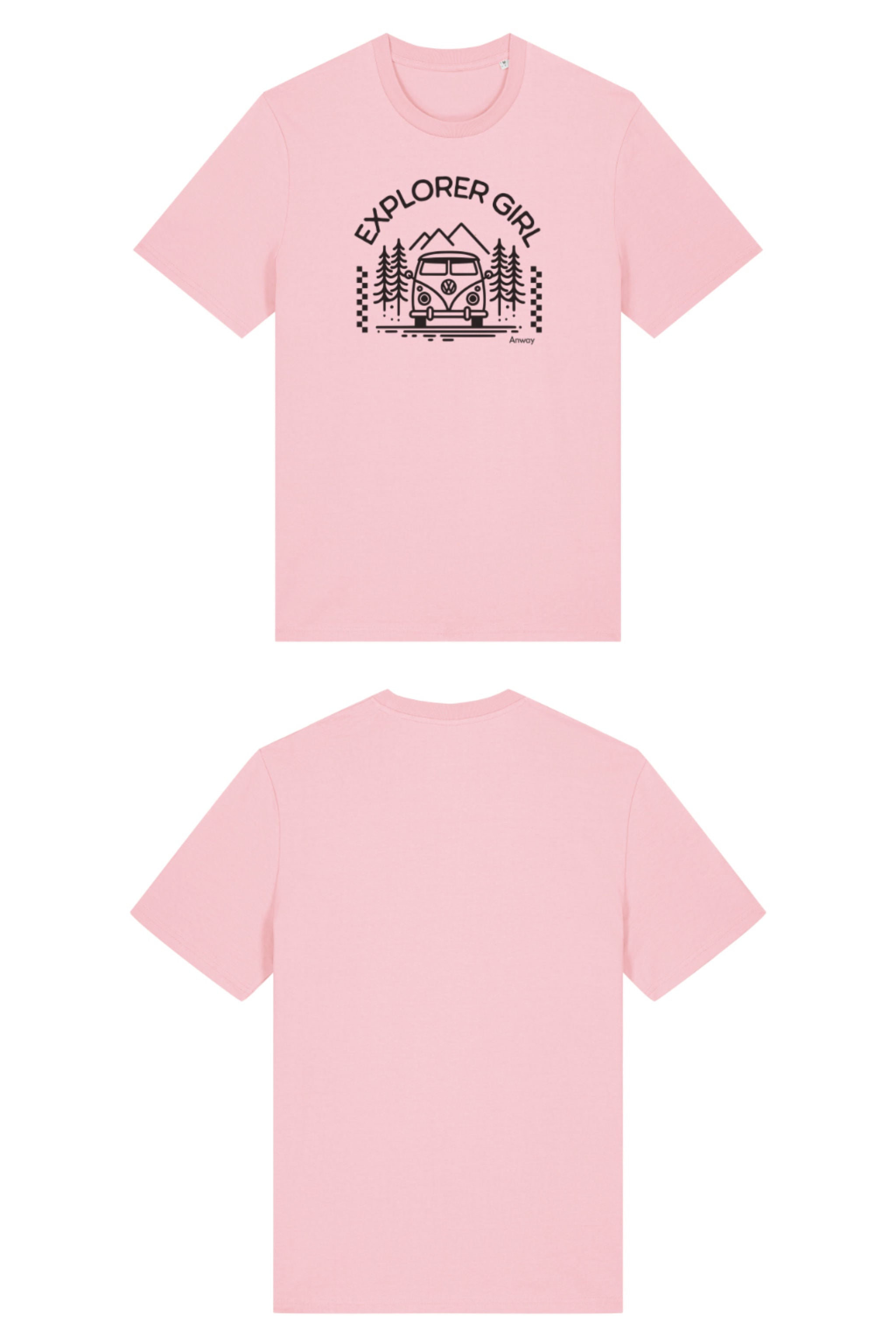 T-Shirt aus 100 % Bio-Baumwolle mit normaler Passform, erhältlich in verschiedenen Farben wie Blue Soul, Cotton Pink, Lavender, Aloe, Weiss und Schwarz. Individuell bedruckbar mit Wunschmotiv. Weiches, angenehm leichtes Material für hohen Tragekomfort. Ideal für einen zeitgemässen, entspannten Look. Mit Aufdruck "EXPLORER GIRL", einem VW-Bus, Tannen und Bergen auf der Vorderseite – modernes Design für Outdoor-Liebhaberinnen.