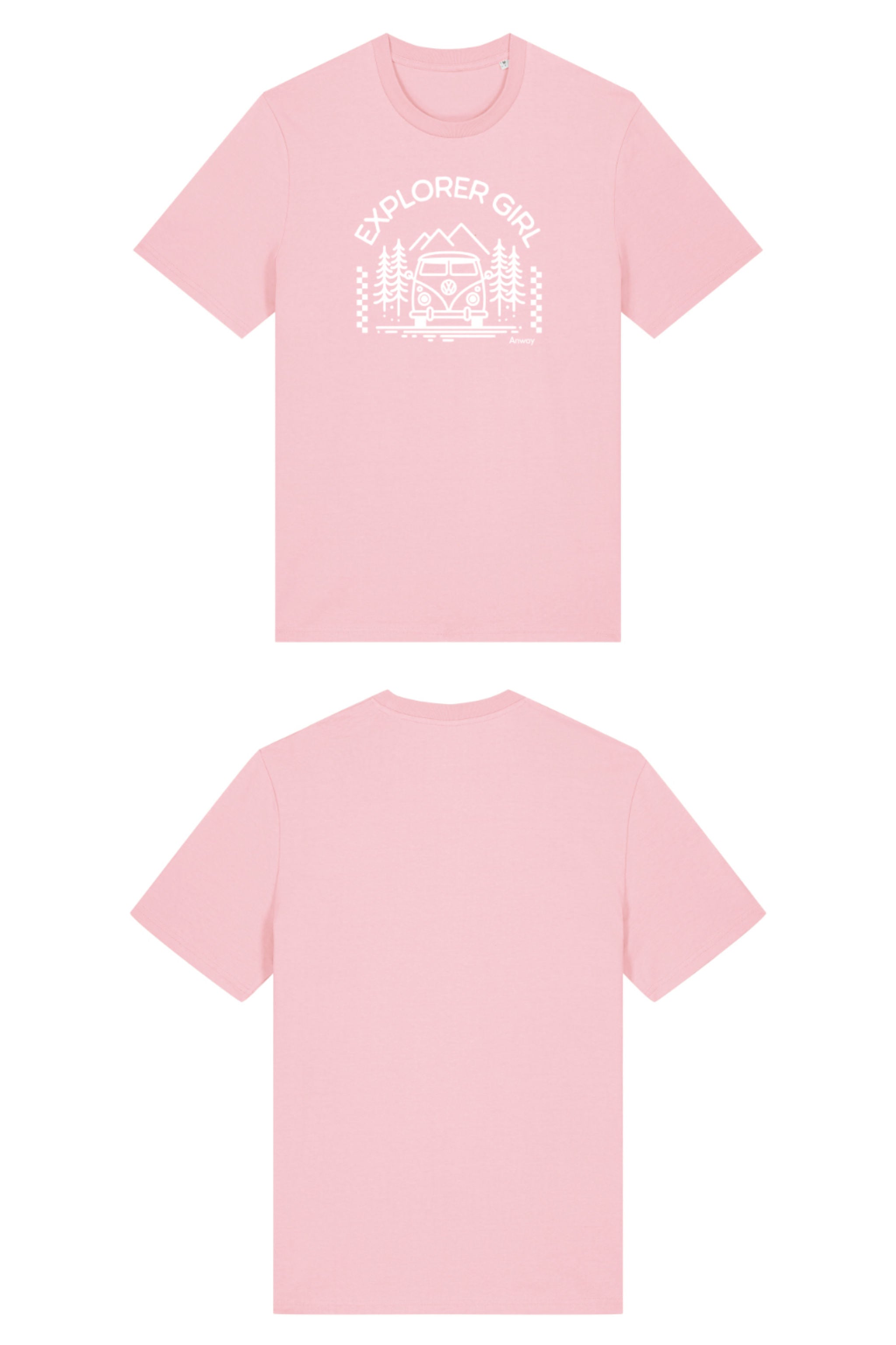 T-Shirt aus 100 % Bio-Baumwolle mit normaler Passform, erhältlich in verschiedenen Farben wie Blue Soul, Cotton Pink, Lavender, Aloe, Weiss und Schwarz. Individuell bedruckbar mit Wunschmotiv. Weiches, angenehm leichtes Material für hohen Tragekomfort. Ideal für einen zeitgemässen, entspannten Look. Mit Aufdruck "EXPLORER GIRL", einem VW-Bus, Tannen und Bergen auf der Vorderseite – modernes Design für Outdoor-Liebhaberinnen.