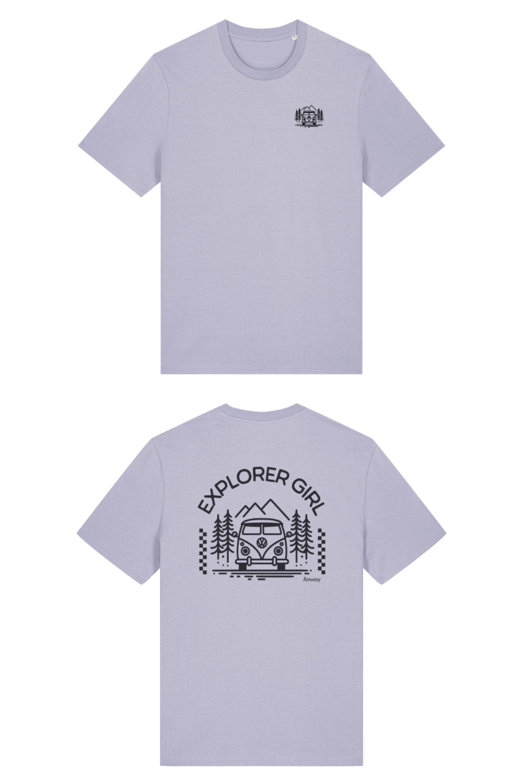 T-Shirt aus 100 % Bio-Baumwolle mit normaler Passform, erhältlich in verschiedenen Farben wie Blue Soul, Cotton Pink, Lavender, Aloe, Weiss und Schwarz. Individuell bedruckbar mit Wunschmotiv. Weiches, angenehm leichtes Material für hohen Tragekomfort. Ideal für einen zeitgemässen, entspannten Look. Mit Aufdruck auf dem Rücken "EXPLORER GIRL", einem VW-Bus, Tannen und Bergen und einem kleinen Aufdruck auf der linken Brust – modernes Design für Outdoor-Liebhaberinnen.