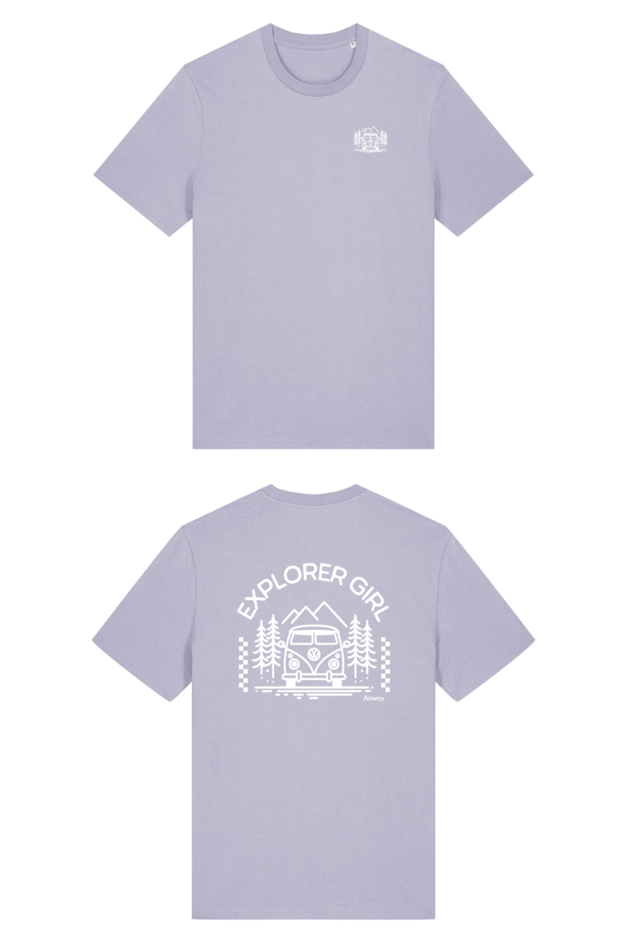 T-Shirt aus 100 % Bio-Baumwolle mit normaler Passform, erhältlich in verschiedenen Farben wie Blue Soul, Cotton Pink, Lavender, Aloe, Weiss und Schwarz. Individuell bedruckbar mit Wunschmotiv. Weiches, angenehm leichtes Material für hohen Tragekomfort. Ideal für einen zeitgemässen, entspannten Look. Mit Aufdruck auf dem Rücken "EXPLORER GIRL", einem VW-Bus, Tannen und Bergen und einem kleinen Aufdruck auf der linken Brust – modernes Design für Outdoor-Liebhaberinnen.