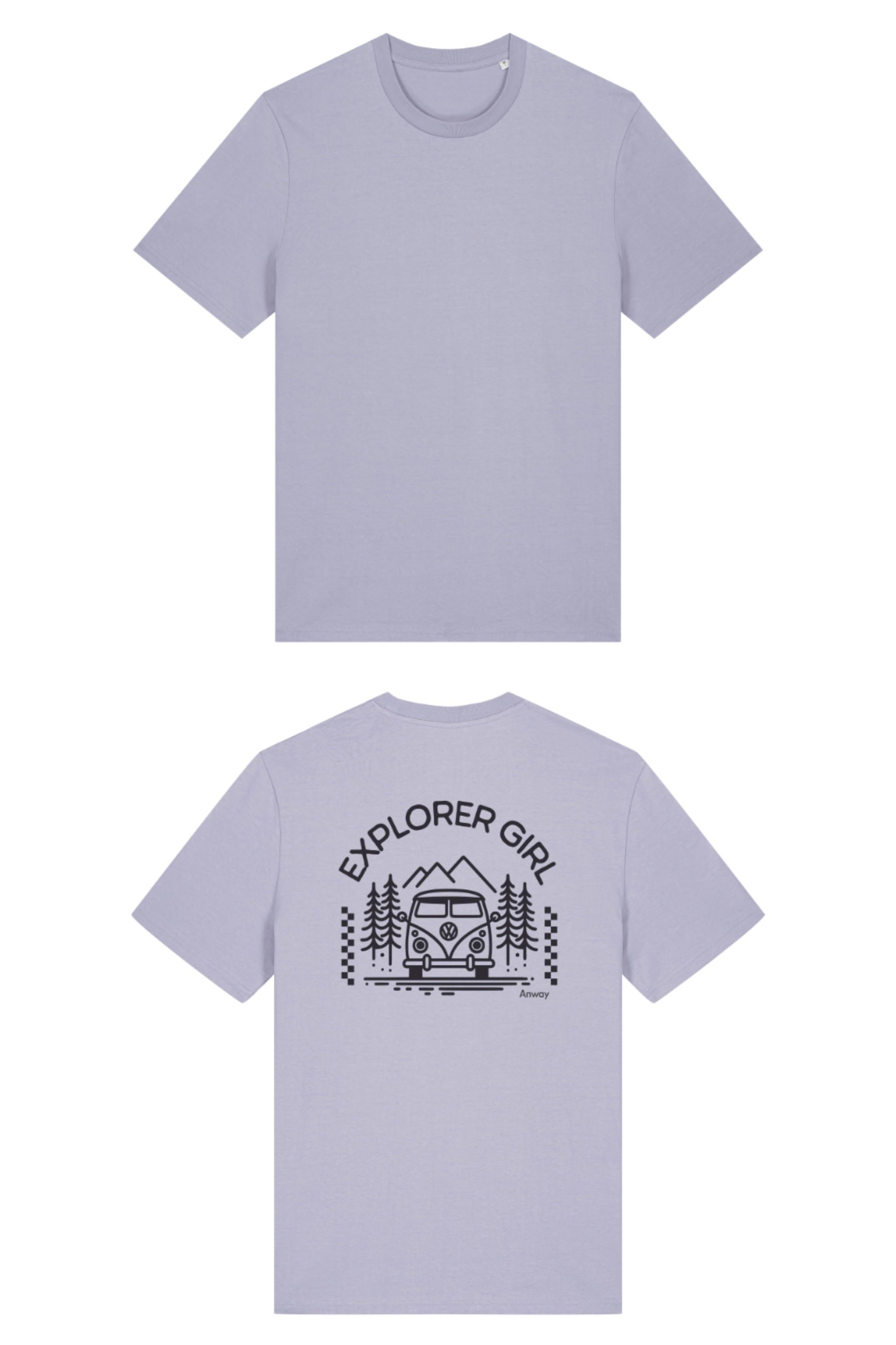 T-Shirt aus 100 % Bio-Baumwolle mit normaler Passform, erhältlich in verschiedenen Farben wie Blue Soul, Cotton Pink, Lavender, Aloe, Weiss und Schwarz. Individuell bedruckbar mit Wunschmotiv. Weiches, angenehm leichtes Material für hohen Tragekomfort. Ideal für einen zeitgemässen, entspannten Look. Mit Aufdruck auf dem Rücken "EXPLORER GIRL", einem VW-Bus, Tannen und Bergen – modernes Design für Outdoor-Liebhaberinnen.