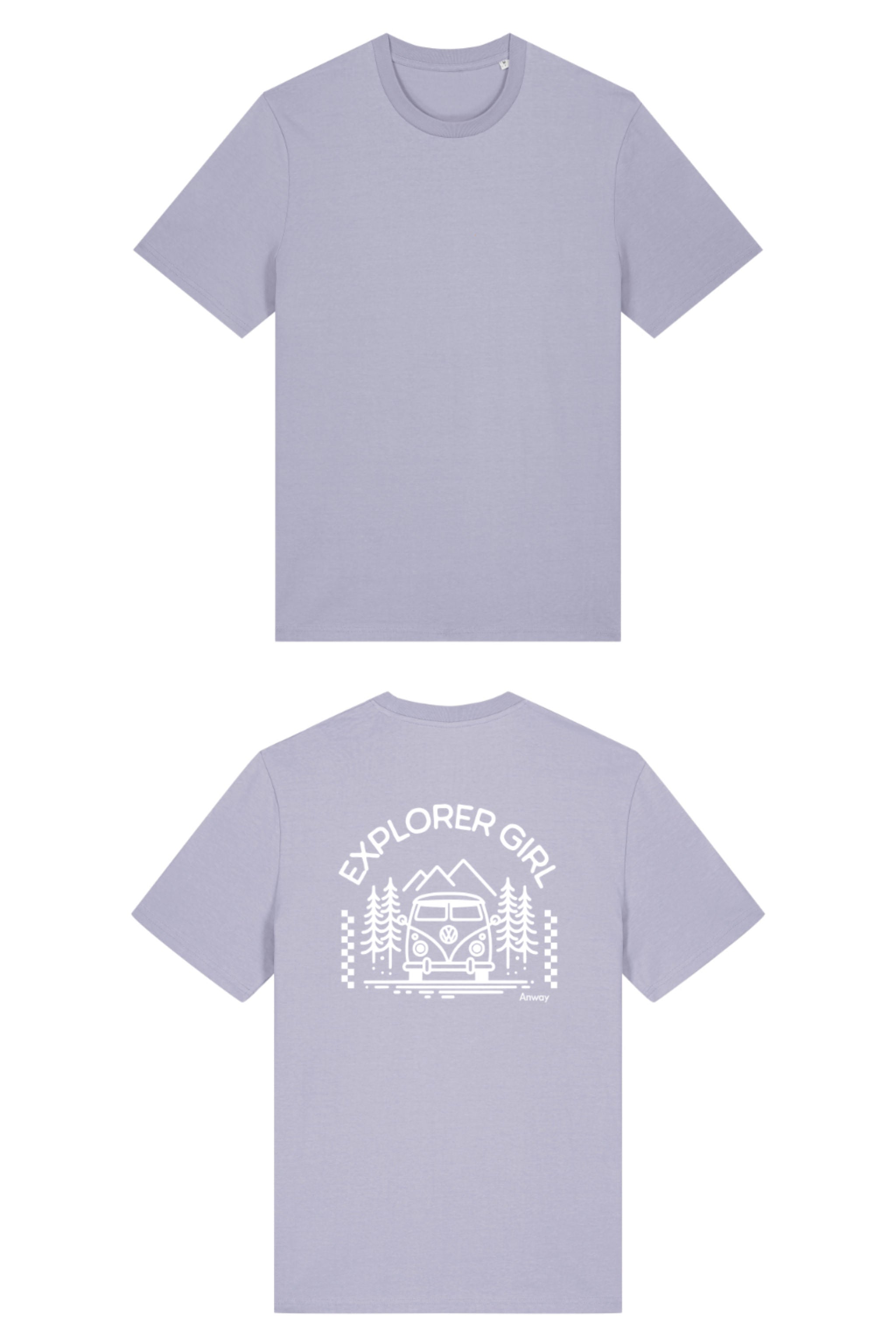 T-Shirt aus 100 % Bio-Baumwolle mit normaler Passform, erhältlich in verschiedenen Farben wie Blue Soul, Cotton Pink, Lavender, Aloe, Weiss und Schwarz. Individuell bedruckbar mit Wunschmotiv. Weiches, angenehm leichtes Material für hohen Tragekomfort. Ideal für einen zeitgemässen, entspannten Look. Mit Aufdruck auf dem Rücken "EXPLORER GIRL", einem VW-Bus, Tannen und Bergen – modernes Design für Outdoor-Liebhaberinnen.