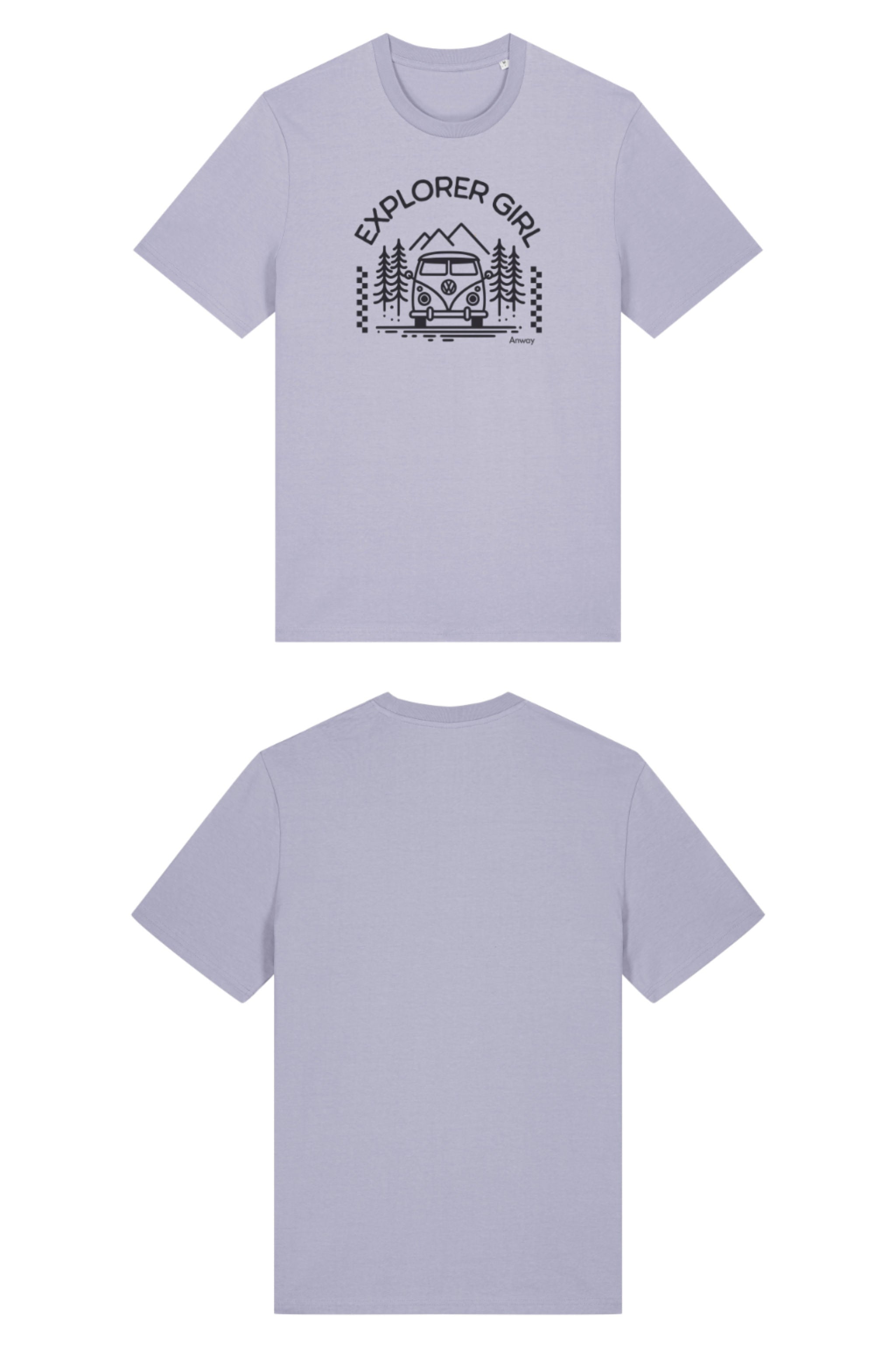 T-Shirt aus 100 % Bio-Baumwolle mit normaler Passform, erhältlich in verschiedenen Farben wie Blue Soul, Cotton Pink, Lavender, Aloe, Weiss und Schwarz. Individuell bedruckbar mit Wunschmotiv. Weiches, angenehm leichtes Material für hohen Tragekomfort. Ideal für einen zeitgemässen, entspannten Look. Mit Aufdruck "EXPLORER GIRL", einem VW-Bus, Tannen und Bergen auf der Vorderseite – modernes Design für Outdoor-Liebhaberinnen.