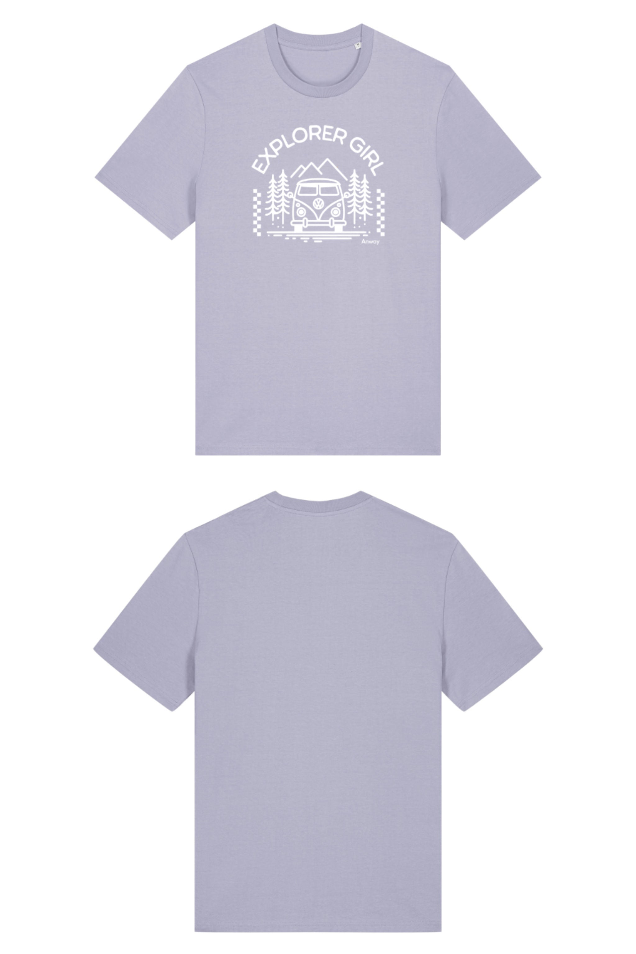 T-Shirt aus 100 % Bio-Baumwolle mit normaler Passform, erhältlich in verschiedenen Farben wie Blue Soul, Cotton Pink, Lavender, Aloe, Weiss und Schwarz. Individuell bedruckbar mit Wunschmotiv. Weiches, angenehm leichtes Material für hohen Tragekomfort. Ideal für einen zeitgemässen, entspannten Look. Mit Aufdruck "EXPLORER GIRL", einem VW-Bus, Tannen und Bergen auf der Vorderseite – modernes Design für Outdoor-Liebhaberinnen.