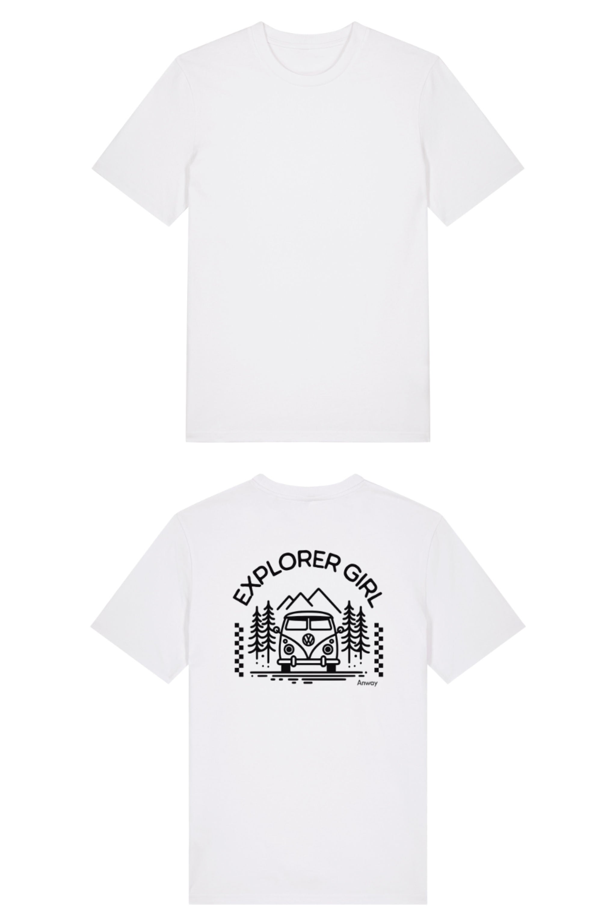 T-Shirt aus 100 % Bio-Baumwolle mit normaler Passform, erhältlich in verschiedenen Farben wie Blue Soul, Cotton Pink, Lavender, Aloe, Weiss und Schwarz. Individuell bedruckbar mit Wunschmotiv. Weiches, angenehm leichtes Material für hohen Tragekomfort. Ideal für einen zeitgemässen, entspannten Look. Mit Aufdruck auf dem Rücken "EXPLORER GIRL", einem VW-Bus, Tannen und Bergen – modernes Design für Outdoor-Liebhaberinnen.