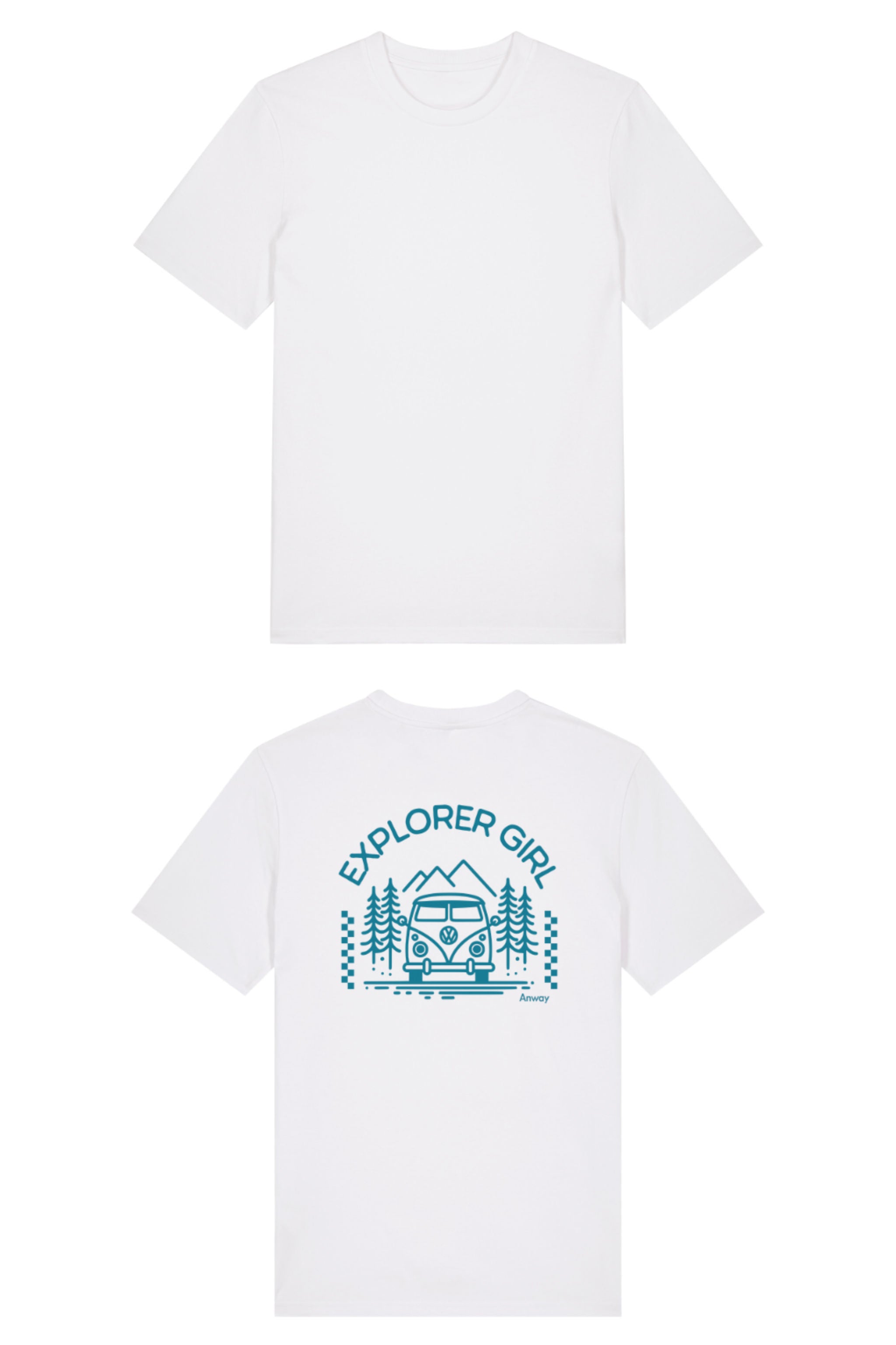 T-Shirt aus 100 % Bio-Baumwolle mit normaler Passform, erhältlich in verschiedenen Farben wie Blue Soul, Cotton Pink, Lavender, Aloe, Weiss und Schwarz. Individuell bedruckbar mit Wunschmotiv. Weiches, angenehm leichtes Material für hohen Tragekomfort. Ideal für einen zeitgemässen, entspannten Look. Mit Aufdruck auf dem Rücken "EXPLORER GIRL", einem VW-Bus, Tannen und Bergen – modernes Design für Outdoor-Liebhaberinnen.