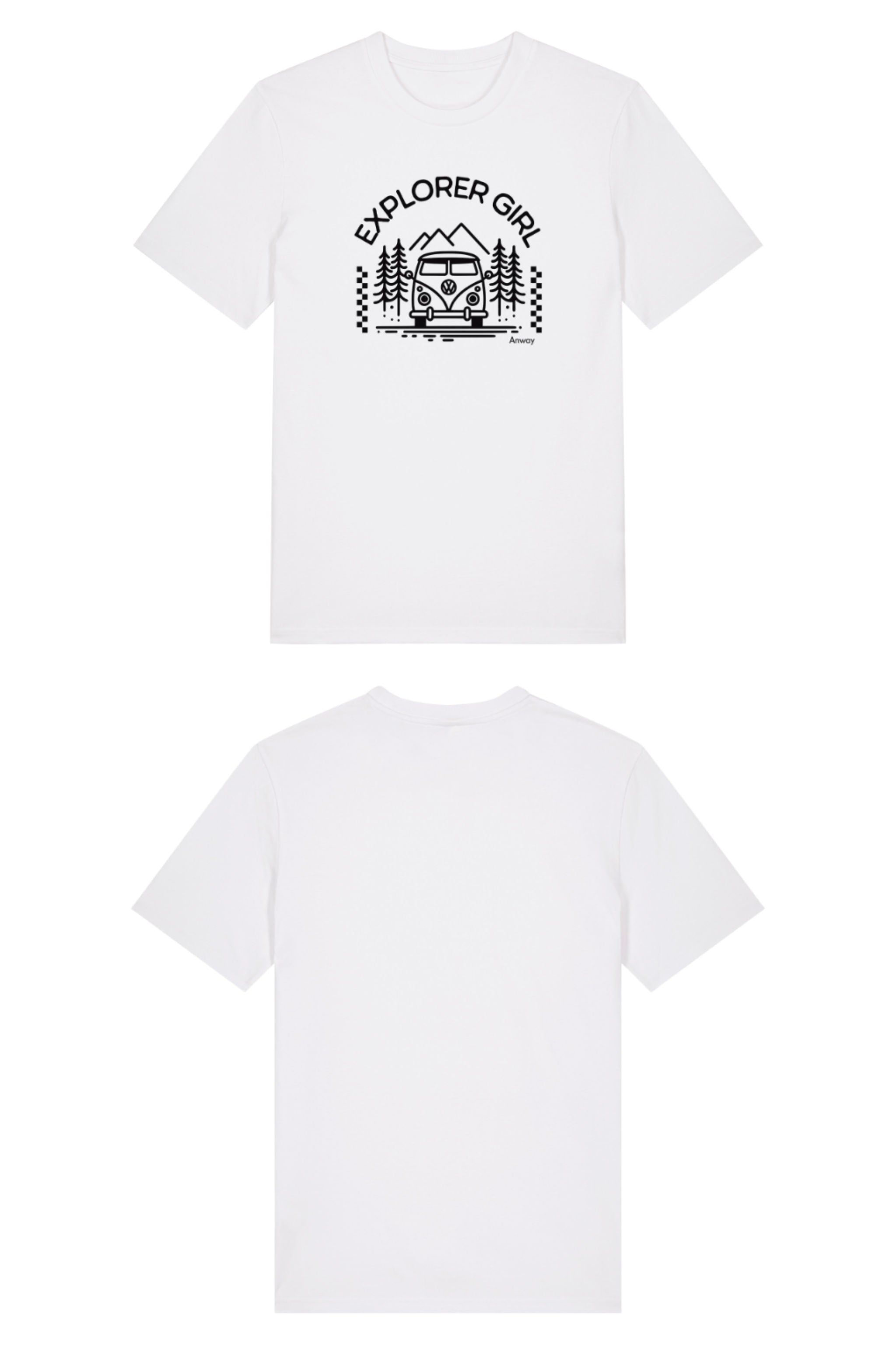T-Shirt aus 100 % Bio-Baumwolle mit normaler Passform, erhältlich in verschiedenen Farben wie Blue Soul, Cotton Pink, Lavender, Aloe, Weiss und Schwarz. Individuell bedruckbar mit Wunschmotiv. Weiches, angenehm leichtes Material für hohen Tragekomfort. Ideal für einen zeitgemässen, entspannten Look. Mit Aufdruck "EXPLORER GIRL", einem VW-Bus, Tannen und Bergen auf der Vorderseite – modernes Design für Outdoor-Liebhaberinnen.