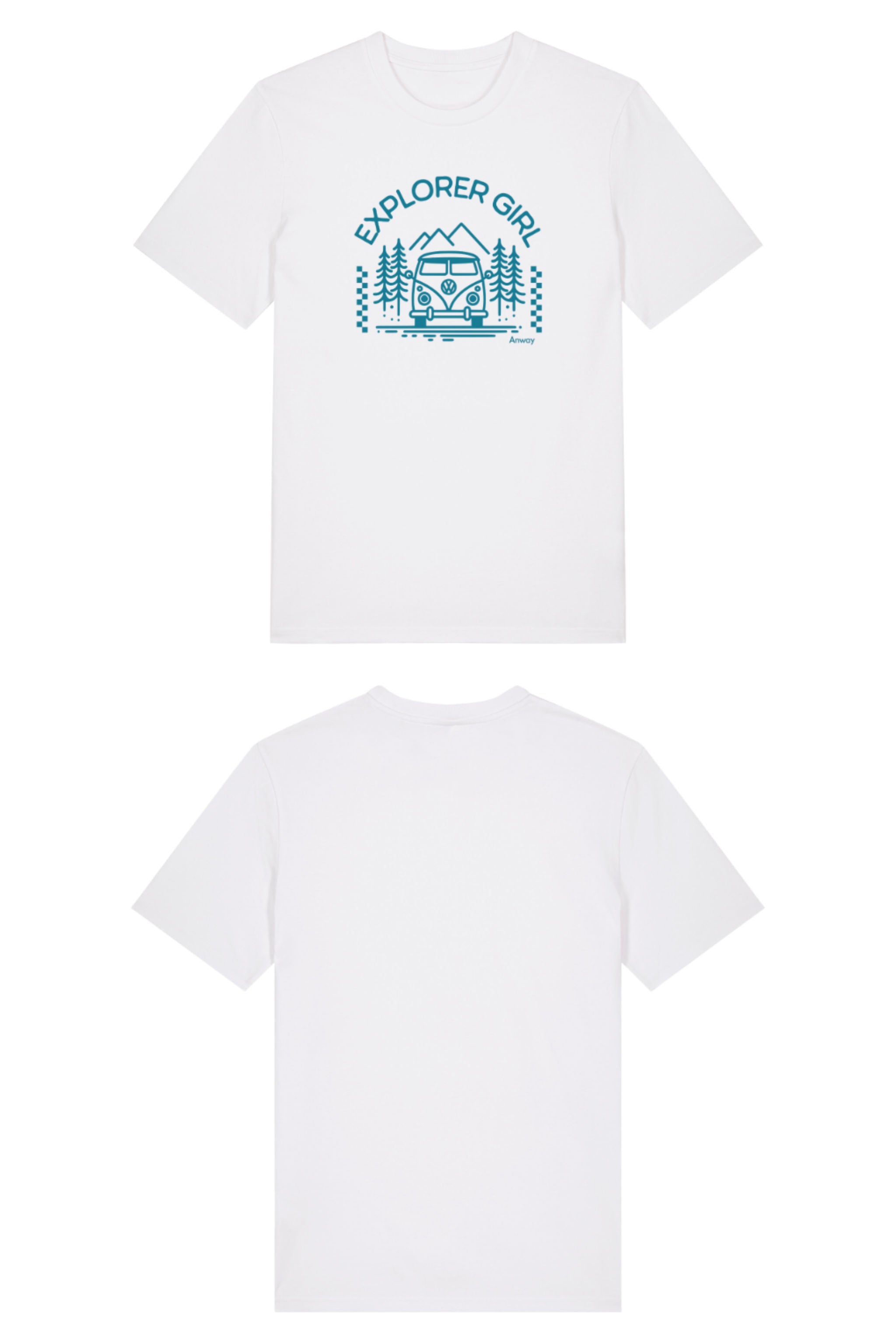 T-Shirt aus 100 % Bio-Baumwolle mit normaler Passform, erhältlich in verschiedenen Farben wie Blue Soul, Cotton Pink, Lavender, Aloe, Weiss und Schwarz. Individuell bedruckbar mit Wunschmotiv. Weiches, angenehm leichtes Material für hohen Tragekomfort. Ideal für einen zeitgemässen, entspannten Look. Mit Aufdruck "EXPLORER GIRL", einem VW-Bus, Tannen und Bergen auf der Vorderseite – modernes Design für Outdoor-Liebhaberinnen.