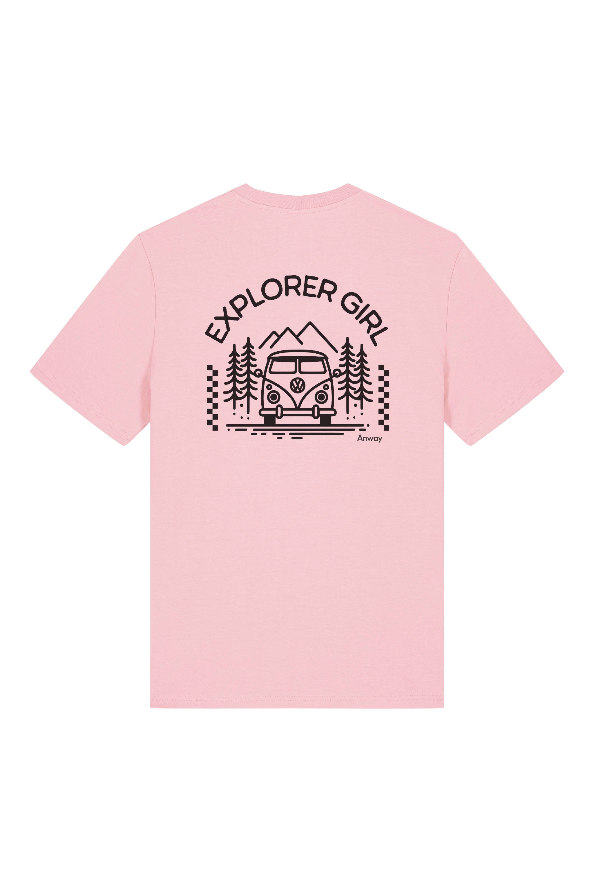 T-Shirt aus 100 % Bio-Baumwolle mit normaler Passform, erhältlich in verschiedenen Farben wie Blue Soul, Cotton Pink, Lavender, Aloe, Weiss und Schwarz. Individuell bedruckbar mit Wunschmotiv. Weiches, angenehm leichtes Material für hohen Tragekomfort. Ideal für einen zeitgemässen, entspannten Look. Mit Aufdruck auf dem Rücken "EXPLORER GIRL", einem VW-Bus, Tannen und Bergen – modernes Design für Outdoor-Liebhaberinnen.