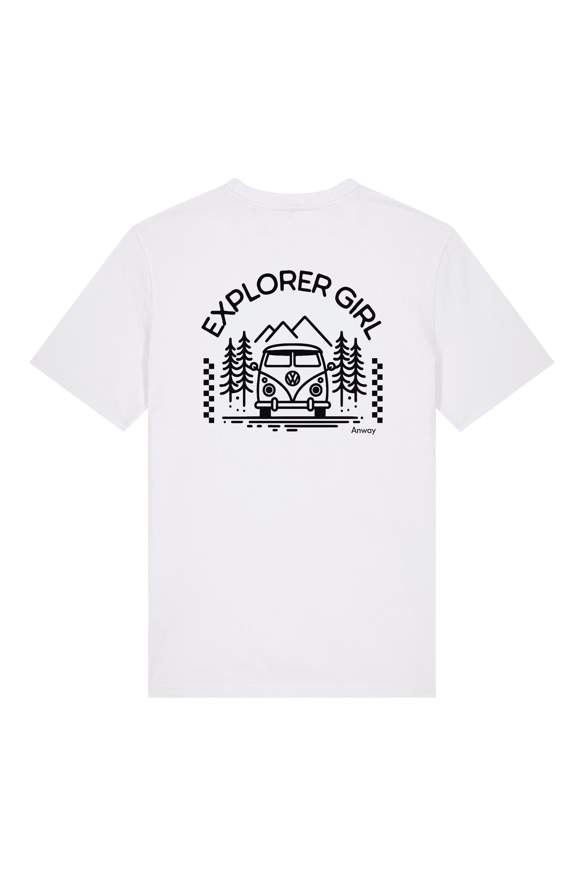 T-Shirt aus 100 % Bio-Baumwolle mit normaler Passform, erhältlich in verschiedenen Farben wie Blue Soul, Cotton Pink, Lavender, Aloe, Weiss und Schwarz. Individuell bedruckbar mit Wunschmotiv. Weiches, angenehm leichtes Material für hohen Tragekomfort. Ideal für einen zeitgemässen, entspannten Look. Mit Aufdruck auf dem Rücken "EXPLORER GIRL", einem VW-Bus, Tannen und Bergen – modernes Design für Outdoor-Liebhaberinnen.
