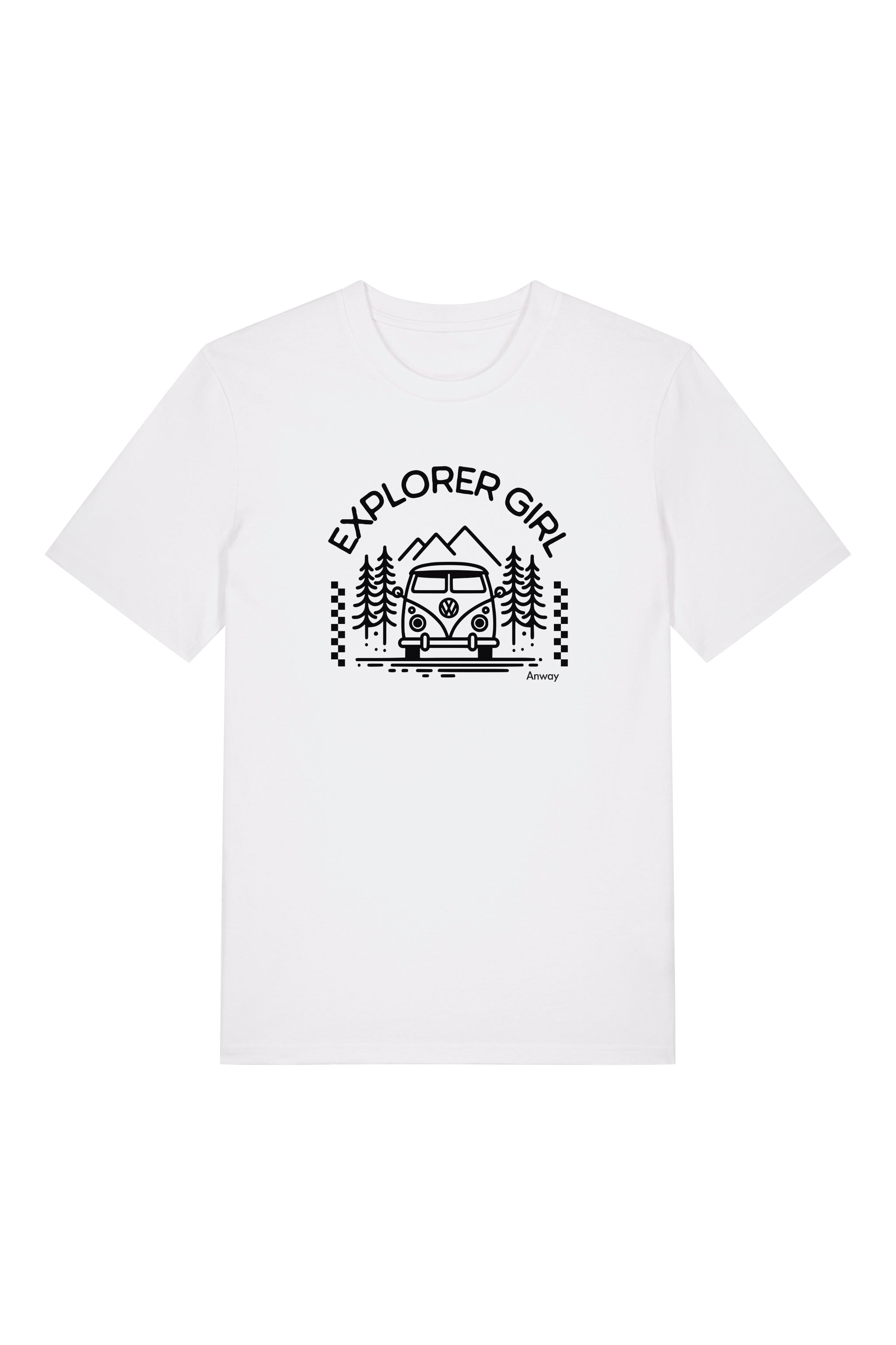 T-Shirt aus 100 % Bio-Baumwolle mit normaler Passform, erhältlich in verschiedenen Farben wie Blue Soul, Cotton Pink, Lavender, Aloe, Weiss und Schwarz. Individuell bedruckbar mit Wunschmotiv. Weiches, angenehm leichtes Material für hohen Tragekomfort. Ideal für einen zeitgemässen, entspannten Look. Mit Aufdruck "EXPLORER GIRL", einem VW-Bus, Tannen und Bergen auf der Vorderseite – modernes Design für Outdoor-Liebhaberinnen.