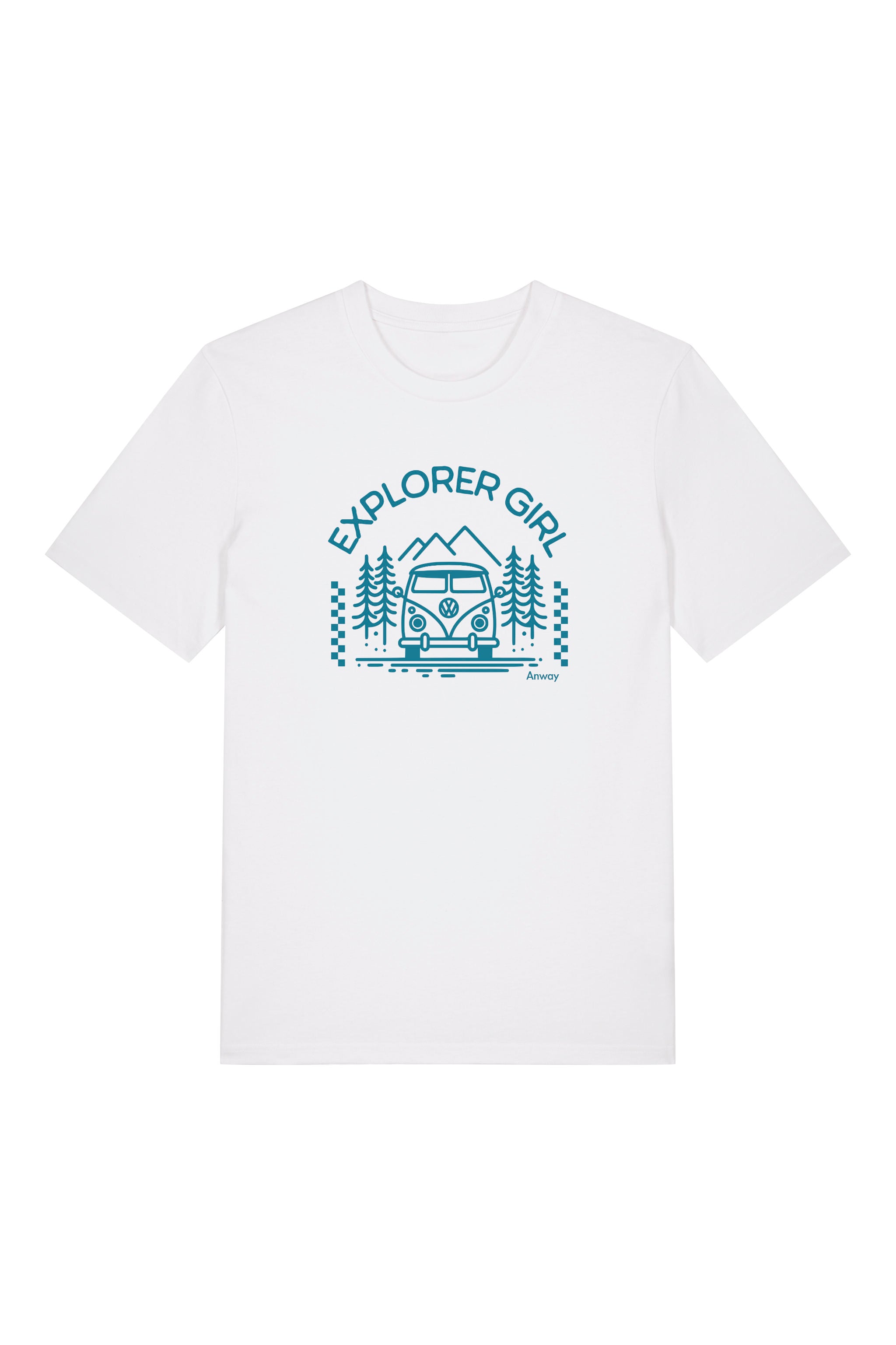 T-Shirt aus 100 % Bio-Baumwolle mit normaler Passform, erhältlich in verschiedenen Farben wie Blue Soul, Cotton Pink, Lavender, Aloe, Weiss und Schwarz. Individuell bedruckbar mit Wunschmotiv. Weiches, angenehm leichtes Material für hohen Tragekomfort. Ideal für einen zeitgemässen, entspannten Look. Mit Aufdruck "EXPLORER GIRL", einem VW-Bus, Tannen und Bergen auf der Vorderseite – modernes Design für Outdoor-Liebhaberinnen.