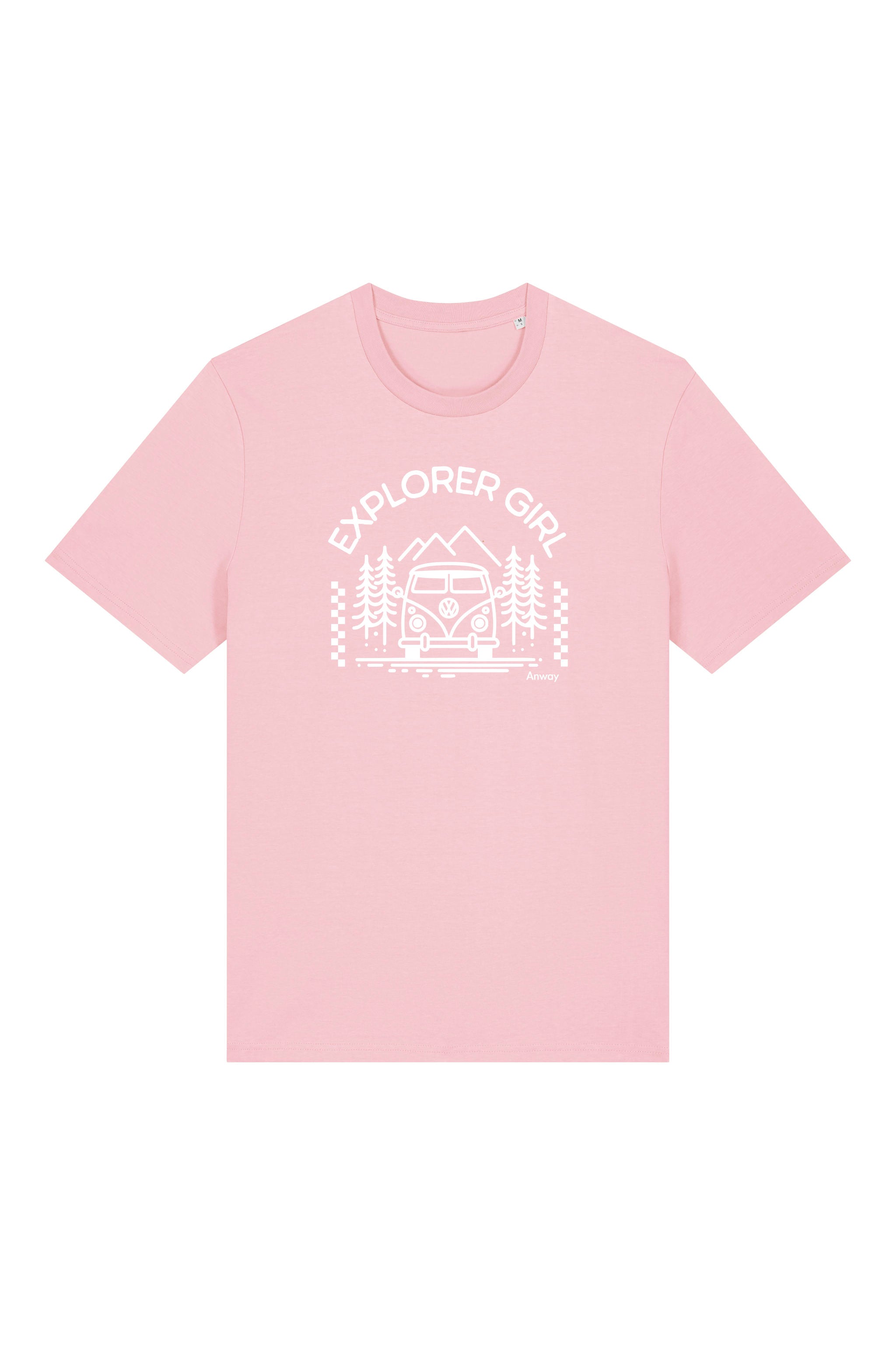 T-Shirt aus 100 % Bio-Baumwolle mit normaler Passform, erhältlich in verschiedenen Farben wie Blue Soul, Cotton Pink, Lavender, Aloe, Weiss und Schwarz. Individuell bedruckbar mit Wunschmotiv. Weiches, angenehm leichtes Material für hohen Tragekomfort. Ideal für einen zeitgemässen, entspannten Look. Mit Aufdruck "EXPLORER GIRL", einem VW-Bus, Tannen und Bergen auf der Vorderseite – modernes Design für Outdoor-Liebhaberinnen.