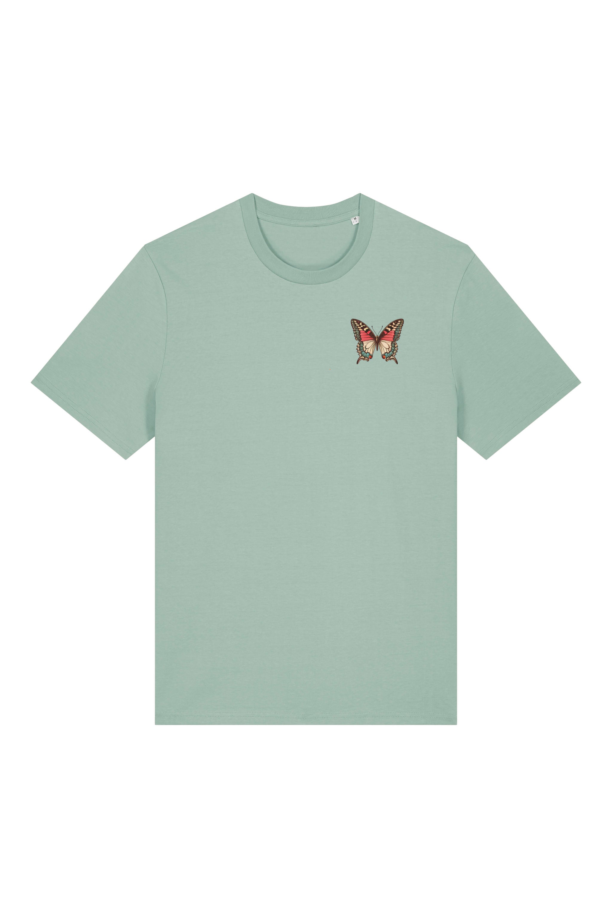 T-Shirt aus 100 % Bio-Baumwolle mit normaler Passform, erhältlich in verschiedenen Farben wie Blue Soul, Cotton Pink, Lavender, Aloe, Weiss und Schwarz. Individuell bedruckbar mit Wunschmotiv. Weiches, angenehm leichtes Material für hohen Tragekomfort. Ideal für einen zeitgemässen, entspannten Look. Vorderseite: Farbiger Schmetterling auf der linken Brust. Rückseite: Buntes Blumen- und Schmetterlingsfeld im Illustrationsstil.