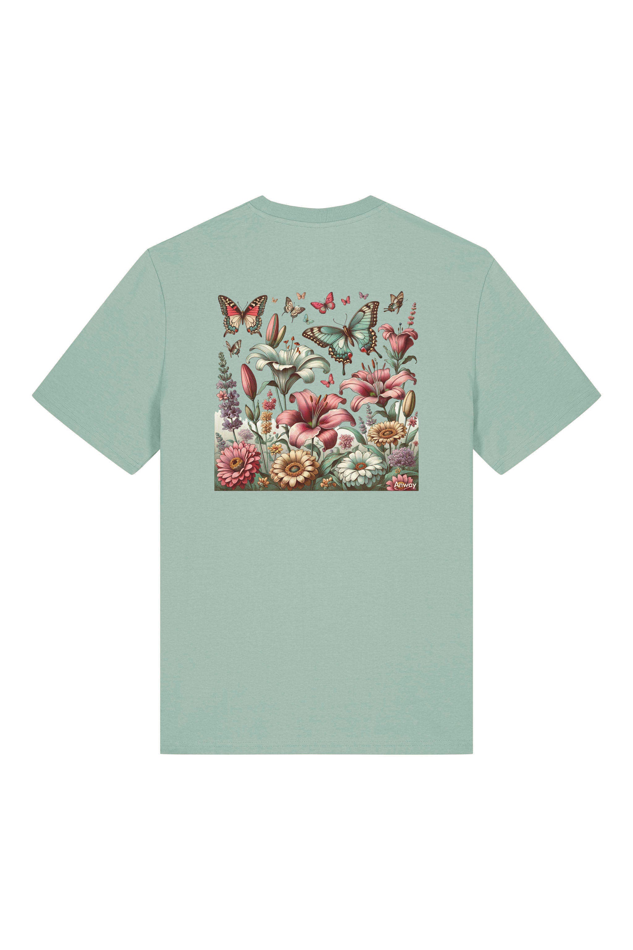 T-Shirt aus 100 % Bio-Baumwolle mit normaler Passform, erhältlich in verschiedenen Farben wie Blue Soul, Cotton Pink, Lavender, Aloe, Weiss und Schwarz. Individuell bedruckbar mit Wunschmotiv. Weiches, angenehm leichtes Material für hohen Tragekomfort. Ideal für einen zeitgemässen, entspannten Look. Vorderseite: Farbiger Schmetterling auf der linken Brust. Rückseite: Buntes Blumen- und Schmetterlingsfeld im Illustrationsstil.