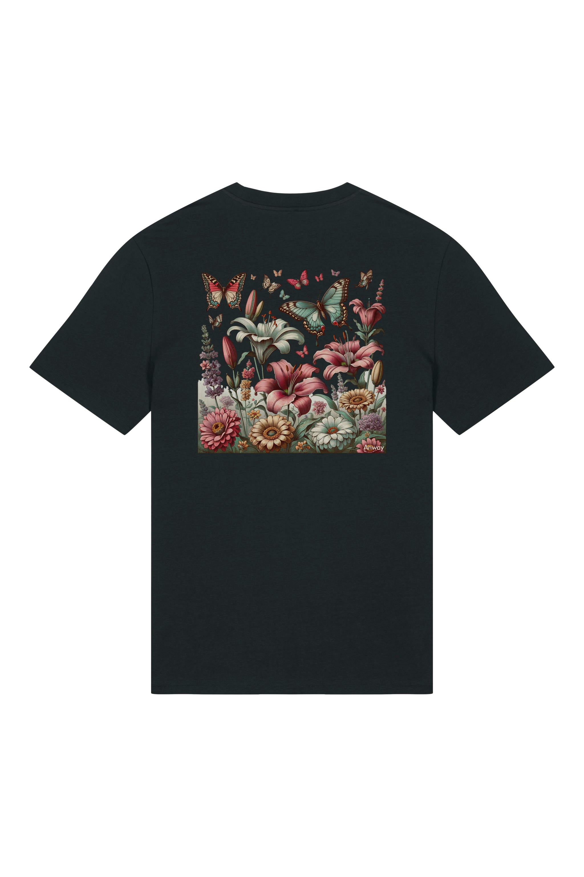 T-Shirt aus 100 % Bio-Baumwolle mit normaler Passform, erhältlich in verschiedenen Farben wie Blue Soul, Cotton Pink, Lavender, Aloe, Weiss und Schwarz. Individuell bedruckbar mit Wunschmotiv. Weiches, angenehm leichtes Material für hohen Tragekomfort. Ideal für einen zeitgemässen, entspannten Look. Buntes Blumen- und Schmetterlingsfeld im Illustrationsstil auf der Rückseite.