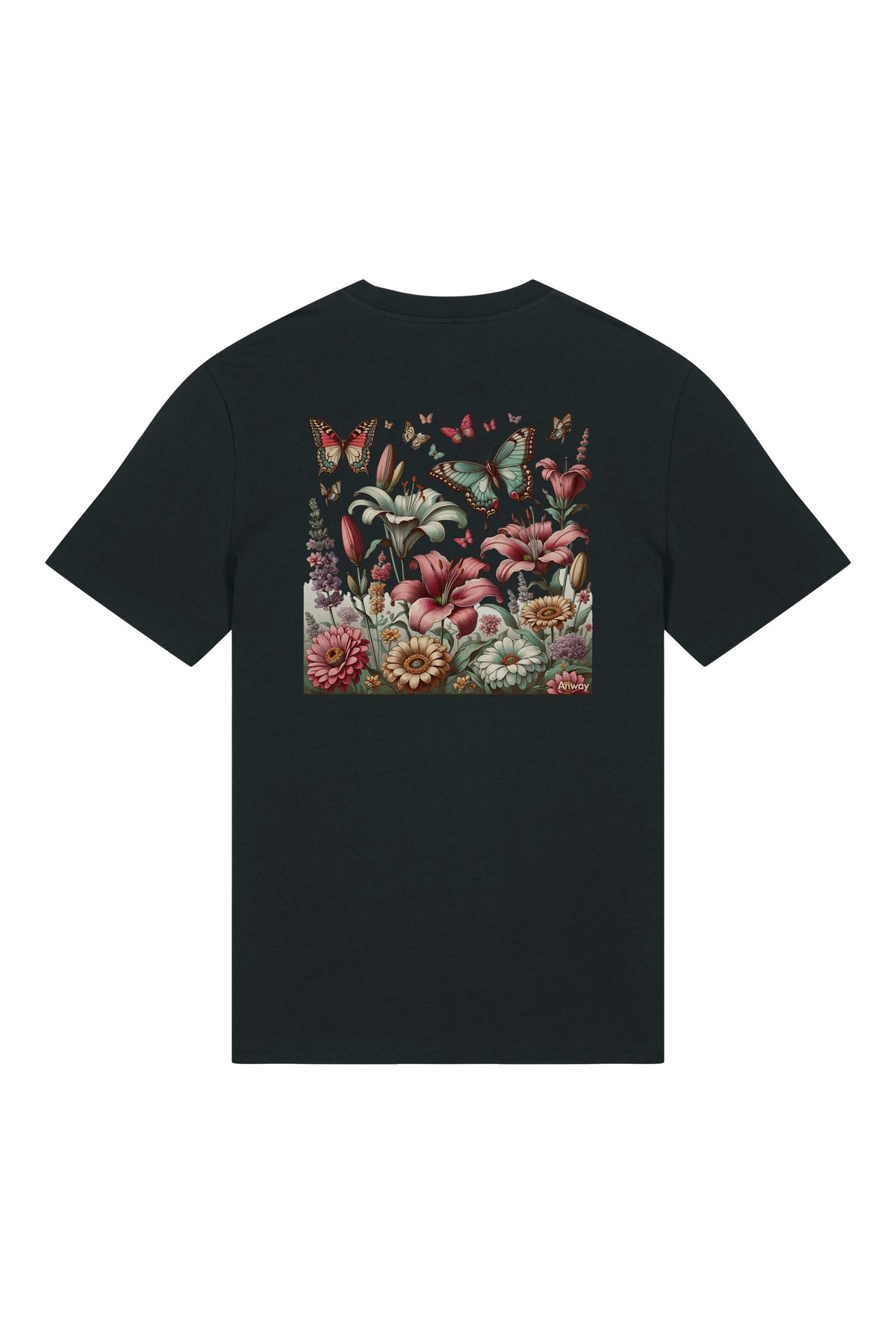 T-Shirt aus 100 % Bio-Baumwolle mit normaler Passform, erhältlich in verschiedenen Farben wie Blue Soul, Cotton Pink, Lavender, Aloe, Weiss und Schwarz. Individuell bedruckbar mit Wunschmotiv. Weiches, angenehm leichtes Material für hohen Tragekomfort. Ideal für einen zeitgemässen, entspannten Look. Buntes Blumen- und Schmetterlingsfeld im Illustrationsstil auf der Rückseite.