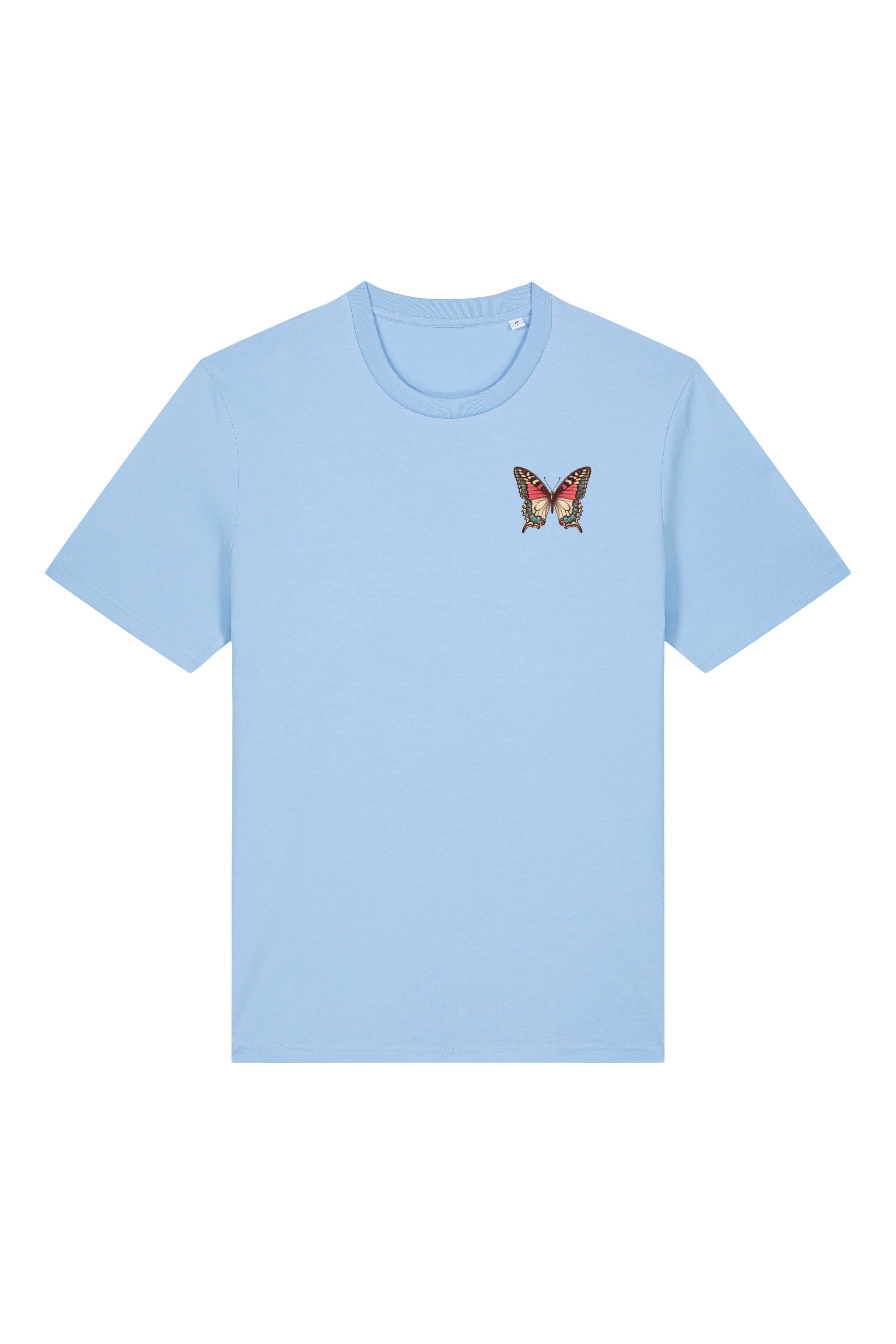 T-Shirt aus 100 % Bio-Baumwolle mit normaler Passform, erhältlich in verschiedenen Farben wie Blue Soul, Cotton Pink, Lavender, Aloe, Weiss und Schwarz. Individuell bedruckbar mit Wunschmotiv. Weiches, angenehm leichtes Material für hohen Tragekomfort. Ideal für einen zeitgemässen, entspannten Look. Vorderseite: Farbiger Schmetterling auf der linken Brust. Rückseite: Buntes Blumen- und Schmetterlingsfeld im Illustrationsstil.