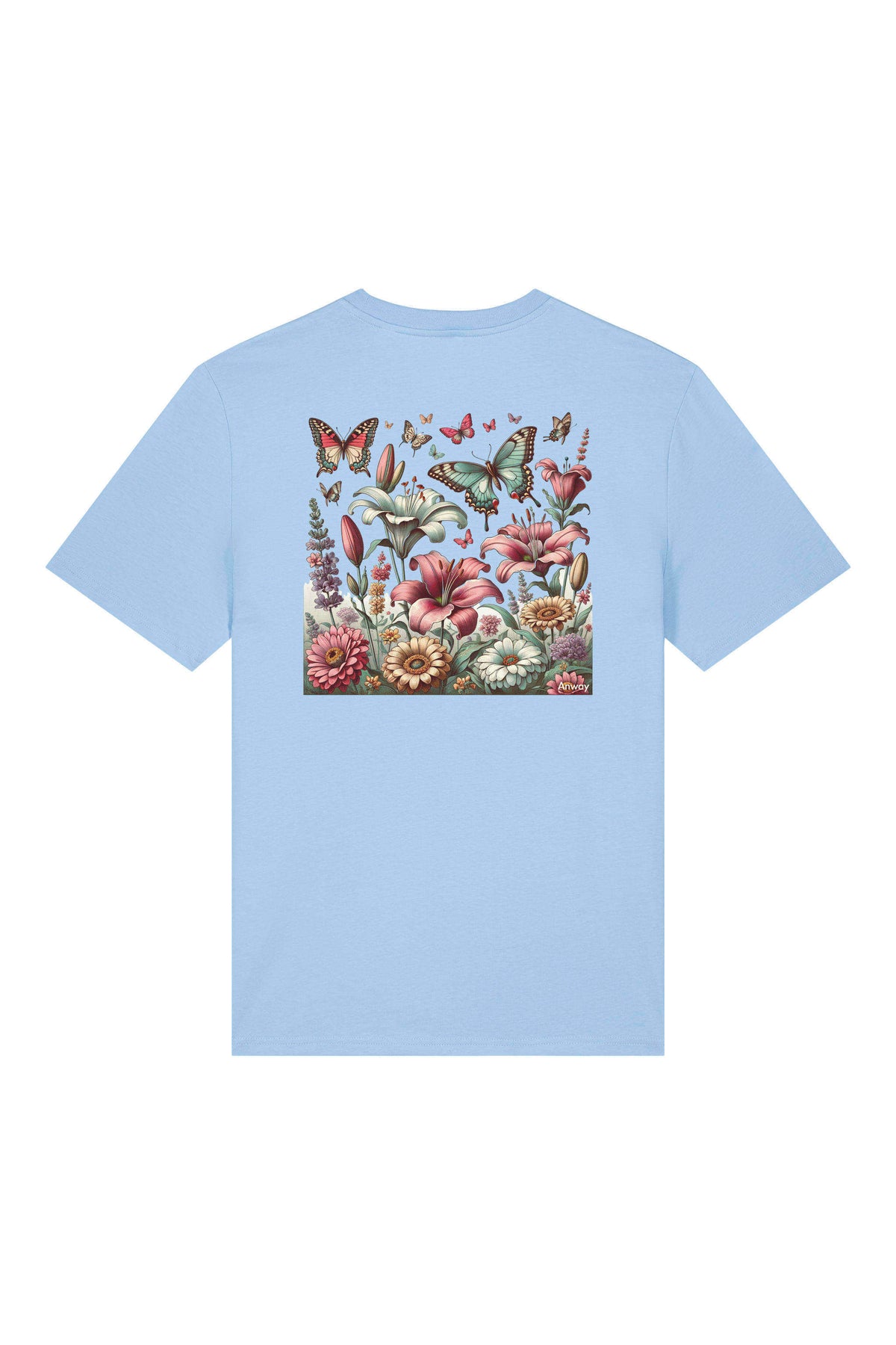 T-Shirt aus 100 % Bio-Baumwolle mit normaler Passform, erhältlich in verschiedenen Farben wie Blue Soul, Cotton Pink, Lavender, Aloe, Weiss und Schwarz. Individuell bedruckbar mit Wunschmotiv. Weiches, angenehm leichtes Material für hohen Tragekomfort. Ideal für einen zeitgemässen, entspannten Look. Buntes Blumen- und Schmetterlingsfeld im Illustrationsstil auf der Rückseite.