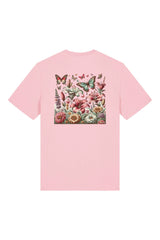 T-Shirt aus 100 % Bio-Baumwolle mit normaler Passform, erhältlich in verschiedenen Farben wie Blue Soul, Cotton Pink, Lavender, Aloe, Weiss und Schwarz. Individuell bedruckbar mit Wunschmotiv. Weiches, angenehm leichtes Material für hohen Tragekomfort. Ideal für einen zeitgemässen, entspannten Look. Buntes Blumen- und Schmetterlingsfeld im Illustrationsstil auf der Rückseite.