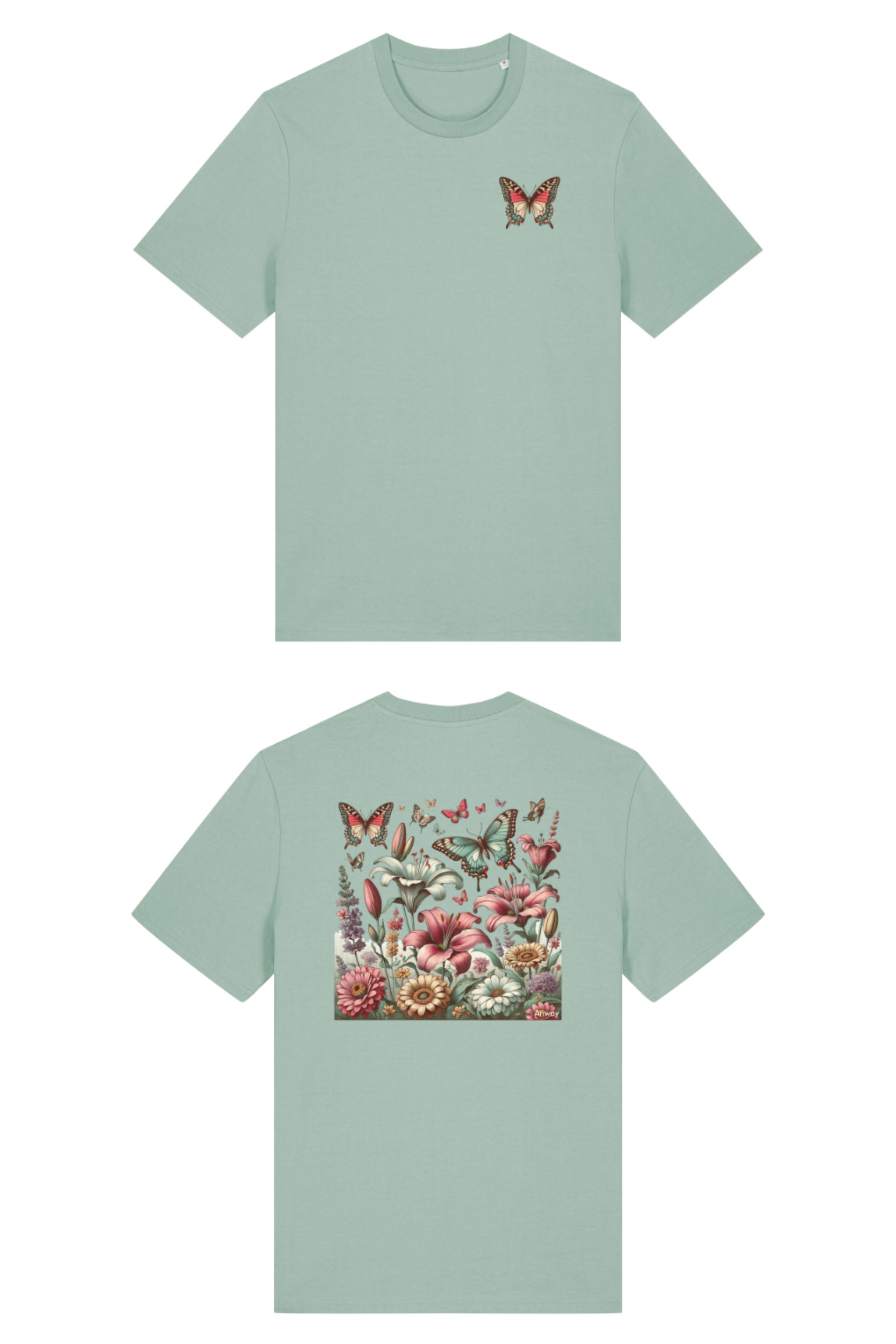 T-Shirt aus 100 % Bio-Baumwolle mit normaler Passform, erhältlich in verschiedenen Farben wie Blue Soul, Cotton Pink, Lavender, Aloe, Weiss und Schwarz. Individuell bedruckbar mit Wunschmotiv. Weiches, angenehm leichtes Material für hohen Tragekomfort. Ideal für einen zeitgemässen, entspannten Look. Vorderseite: Farbiger Schmetterling auf der linken Brust. Rückseite: Buntes Blumen- und Schmetterlingsfeld im Illustrationsstil.