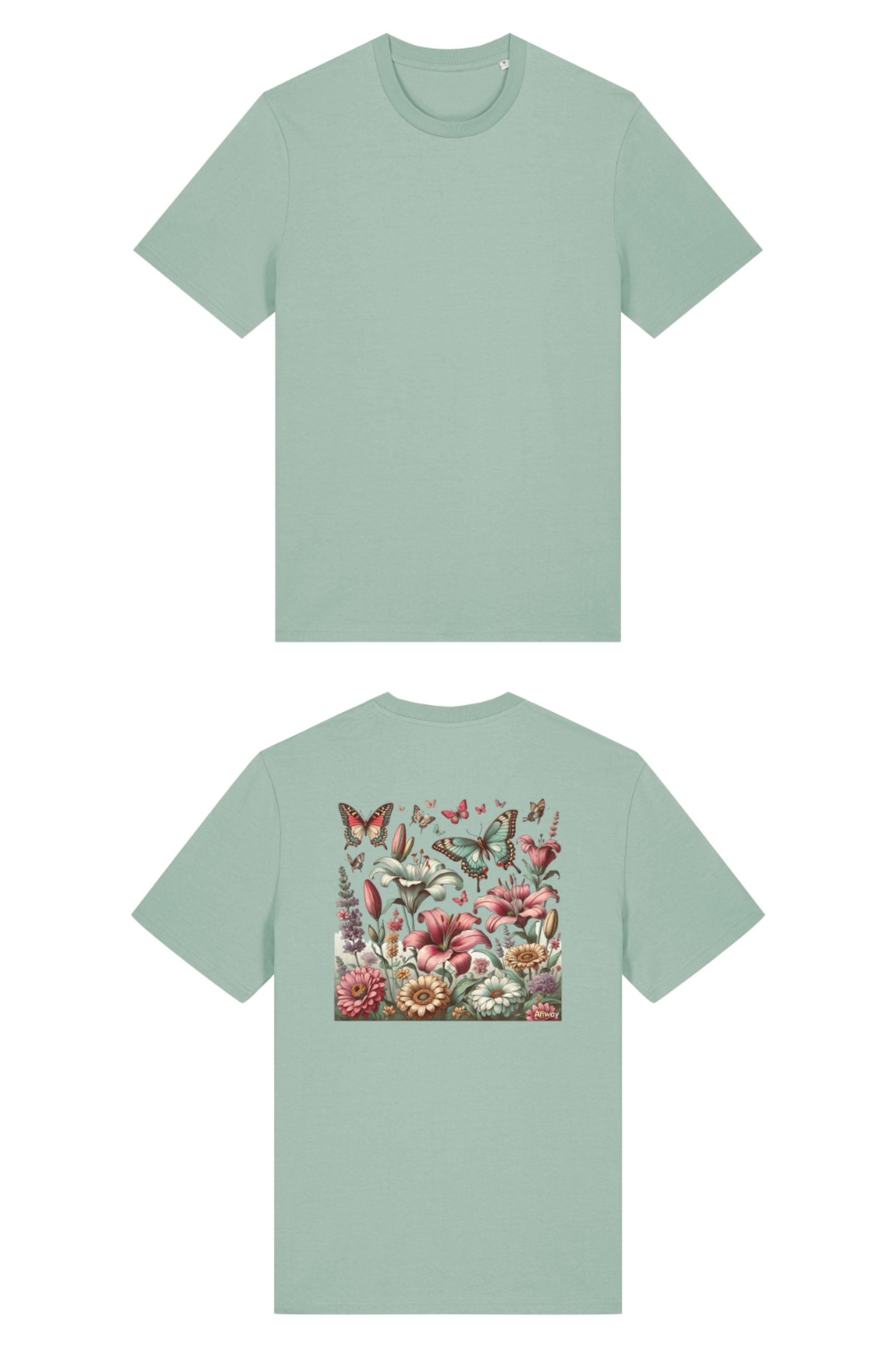 T-Shirt aus 100 % Bio-Baumwolle mit normaler Passform, erhältlich in verschiedenen Farben wie Blue Soul, Cotton Pink, Lavender, Aloe, Weiss und Schwarz. Individuell bedruckbar mit Wunschmotiv. Weiches, angenehm leichtes Material für hohen Tragekomfort. Ideal für einen zeitgemässen, entspannten Look. Buntes Blumen- und Schmetterlingsfeld im Illustrationsstil auf der Rückseite.
