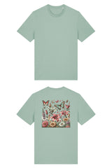 T-Shirt aus 100 % Bio-Baumwolle mit normaler Passform, erhältlich in verschiedenen Farben wie Blue Soul, Cotton Pink, Lavender, Aloe, Weiss und Schwarz. Individuell bedruckbar mit Wunschmotiv. Weiches, angenehm leichtes Material für hohen Tragekomfort. Ideal für einen zeitgemässen, entspannten Look. Buntes Blumen- und Schmetterlingsfeld im Illustrationsstil auf der Rückseite.