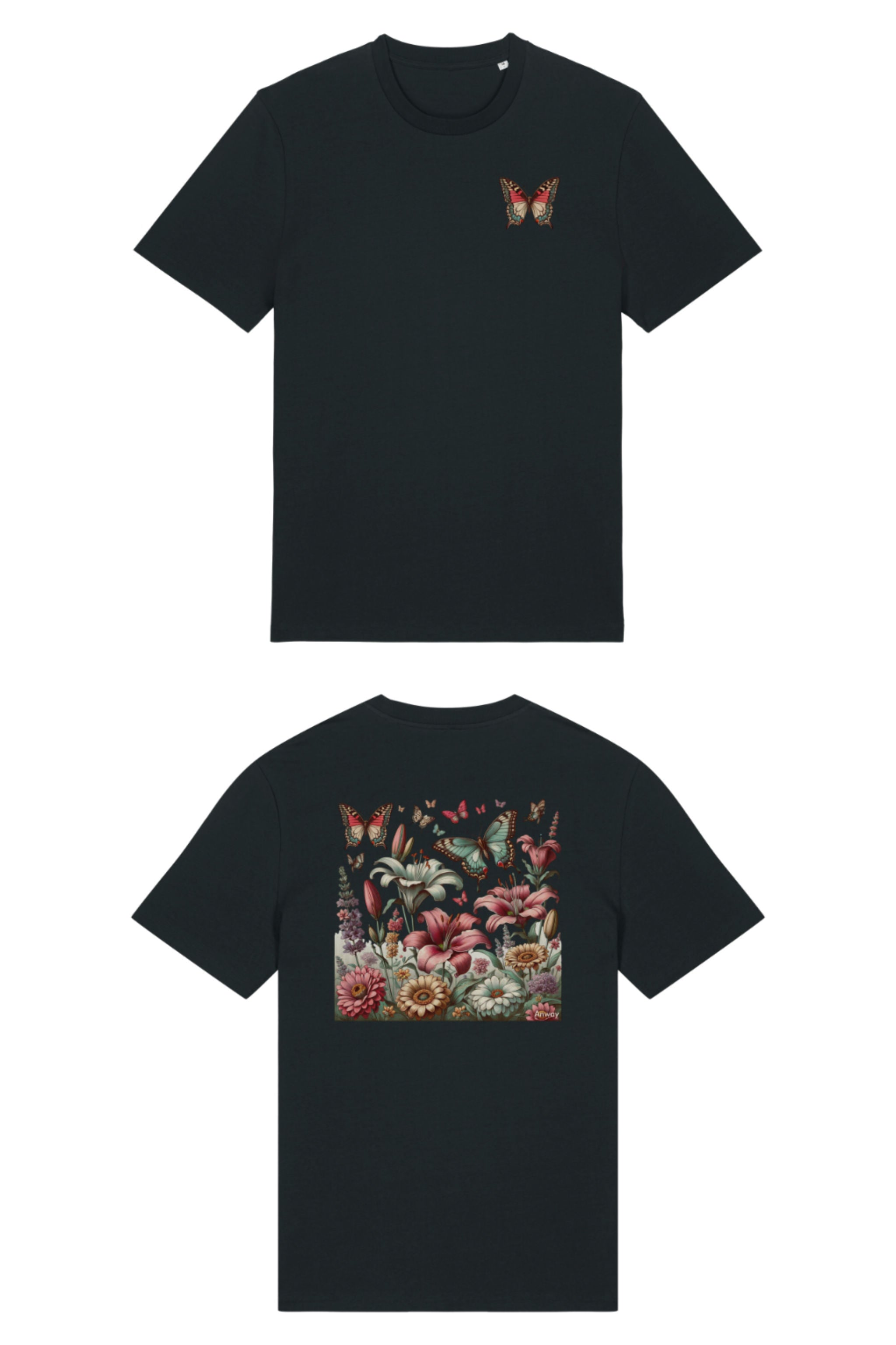 T-Shirt aus 100 % Bio-Baumwolle mit normaler Passform, erhältlich in verschiedenen Farben wie Blue Soul, Cotton Pink, Lavender, Aloe, Weiss und Schwarz. Individuell bedruckbar mit Wunschmotiv. Weiches, angenehm leichtes Material für hohen Tragekomfort. Ideal für einen zeitgemässen, entspannten Look. Vorderseite: Farbiger Schmetterling auf der linken Brust. Rückseite: Buntes Blumen- und Schmetterlingsfeld im Illustrationsstil.