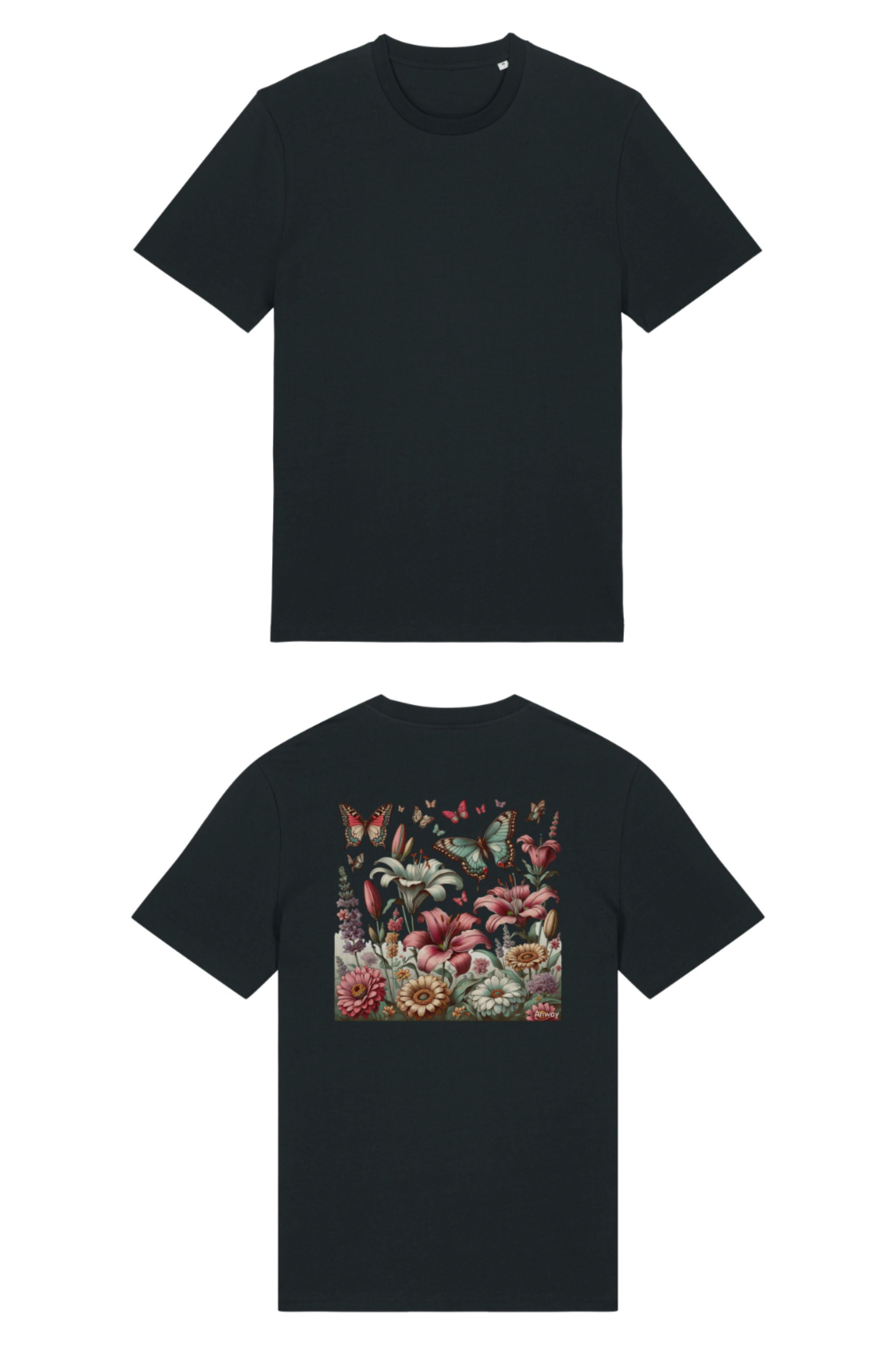 T-Shirt aus 100 % Bio-Baumwolle mit normaler Passform, erhältlich in verschiedenen Farben wie Blue Soul, Cotton Pink, Lavender, Aloe, Weiss und Schwarz. Individuell bedruckbar mit Wunschmotiv. Weiches, angenehm leichtes Material für hohen Tragekomfort. Ideal für einen zeitgemässen, entspannten Look. Buntes Blumen- und Schmetterlingsfeld im Illustrationsstil auf der Rückseite.