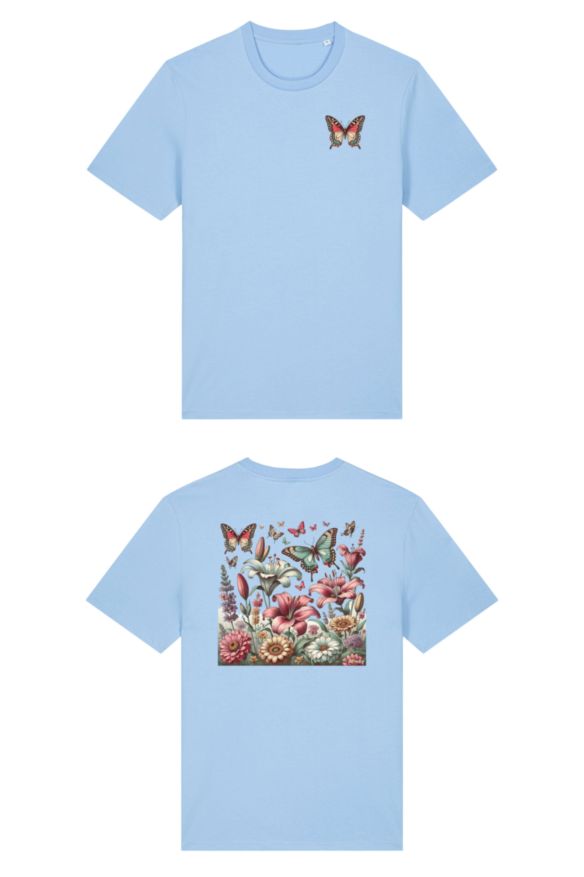 T-Shirt aus 100 % Bio-Baumwolle mit normaler Passform, erhältlich in verschiedenen Farben wie Blue Soul, Cotton Pink, Lavender, Aloe, Weiss und Schwarz. Individuell bedruckbar mit Wunschmotiv. Weiches, angenehm leichtes Material für hohen Tragekomfort. Ideal für einen zeitgemässen, entspannten Look. Vorderseite: Farbiger Schmetterling auf der linken Brust. Rückseite: Buntes Blumen- und Schmetterlingsfeld im Illustrationsstil.