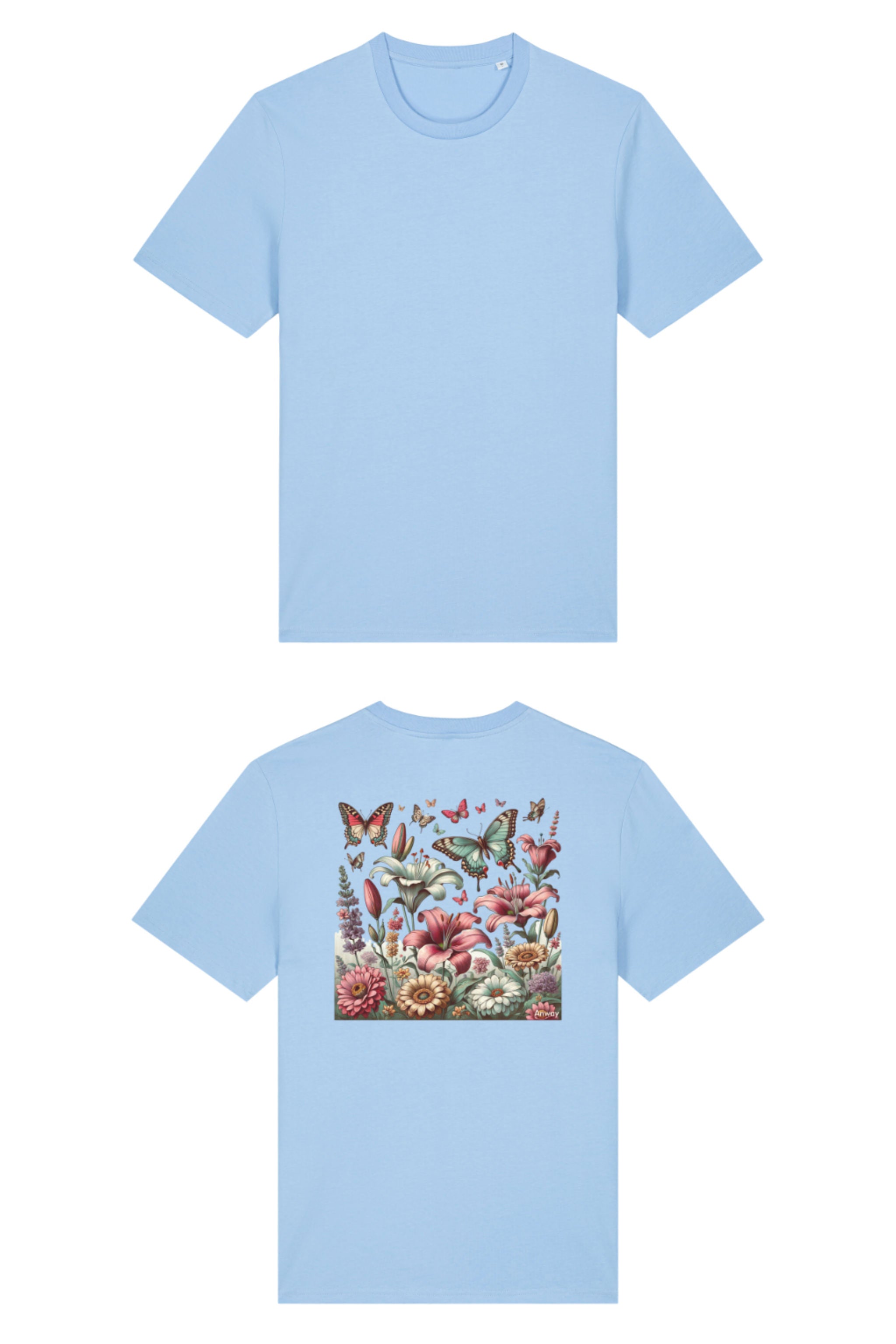 T-Shirt aus 100 % Bio-Baumwolle mit normaler Passform, erhältlich in verschiedenen Farben wie Blue Soul, Cotton Pink, Lavender, Aloe, Weiss und Schwarz. Individuell bedruckbar mit Wunschmotiv. Weiches, angenehm leichtes Material für hohen Tragekomfort. Ideal für einen zeitgemässen, entspannten Look. Buntes Blumen- und Schmetterlingsfeld im Illustrationsstil auf der Rückseite.