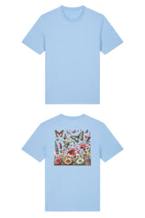 T-Shirt aus 100 % Bio-Baumwolle mit normaler Passform, erhältlich in verschiedenen Farben wie Blue Soul, Cotton Pink, Lavender, Aloe, Weiss und Schwarz. Individuell bedruckbar mit Wunschmotiv. Weiches, angenehm leichtes Material für hohen Tragekomfort. Ideal für einen zeitgemässen, entspannten Look. Buntes Blumen- und Schmetterlingsfeld im Illustrationsstil auf der Rückseite.
