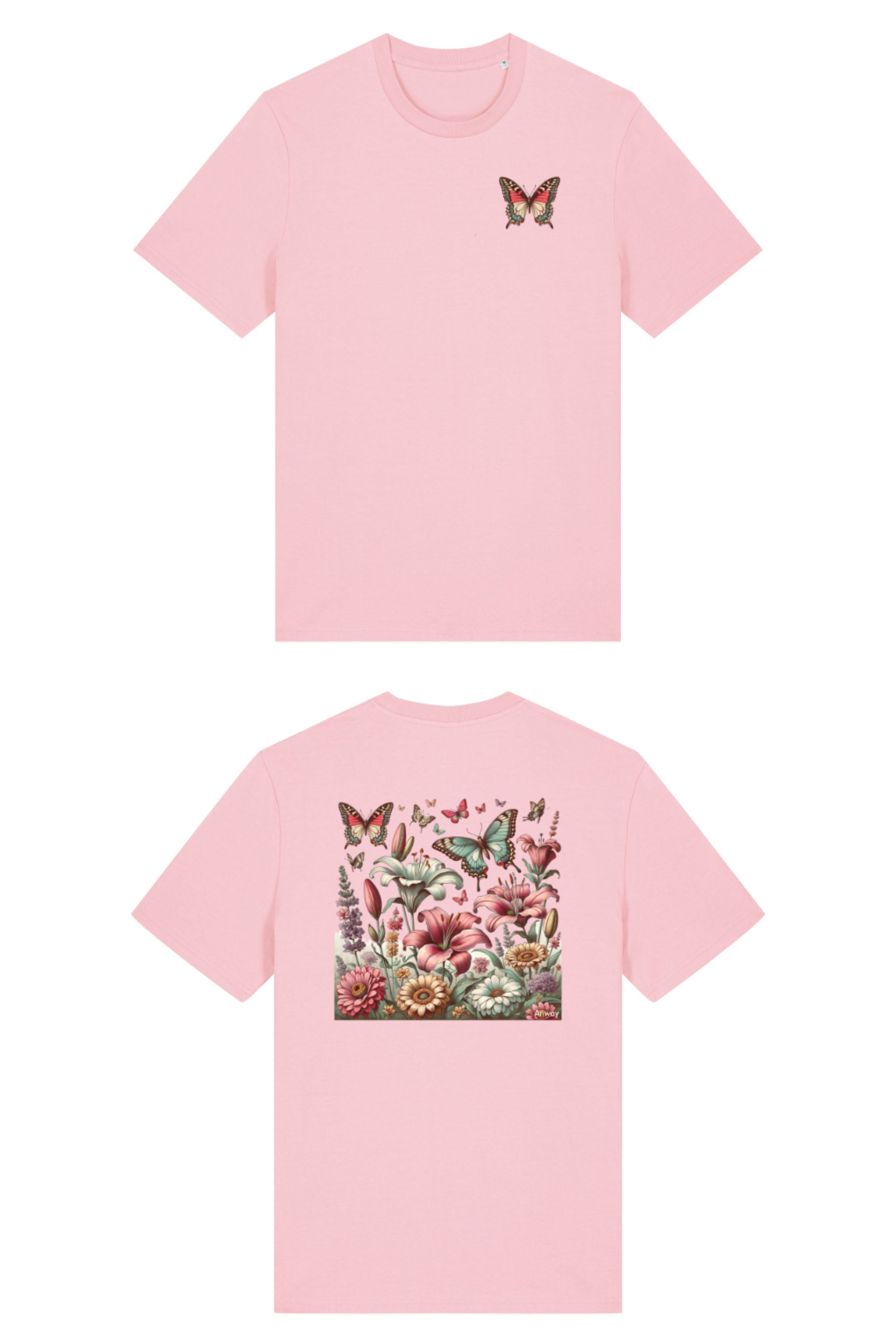 T-Shirt aus 100 % Bio-Baumwolle mit normaler Passform, erhältlich in verschiedenen Farben wie Blue Soul, Cotton Pink, Lavender, Aloe, Weiss und Schwarz. Individuell bedruckbar mit Wunschmotiv. Weiches, angenehm leichtes Material für hohen Tragekomfort. Ideal für einen zeitgemässen, entspannten Look. Vorderseite: Farbiger Schmetterling auf der linken Brust. Rückseite: Buntes Blumen- und Schmetterlingsfeld im Illustrationsstil.