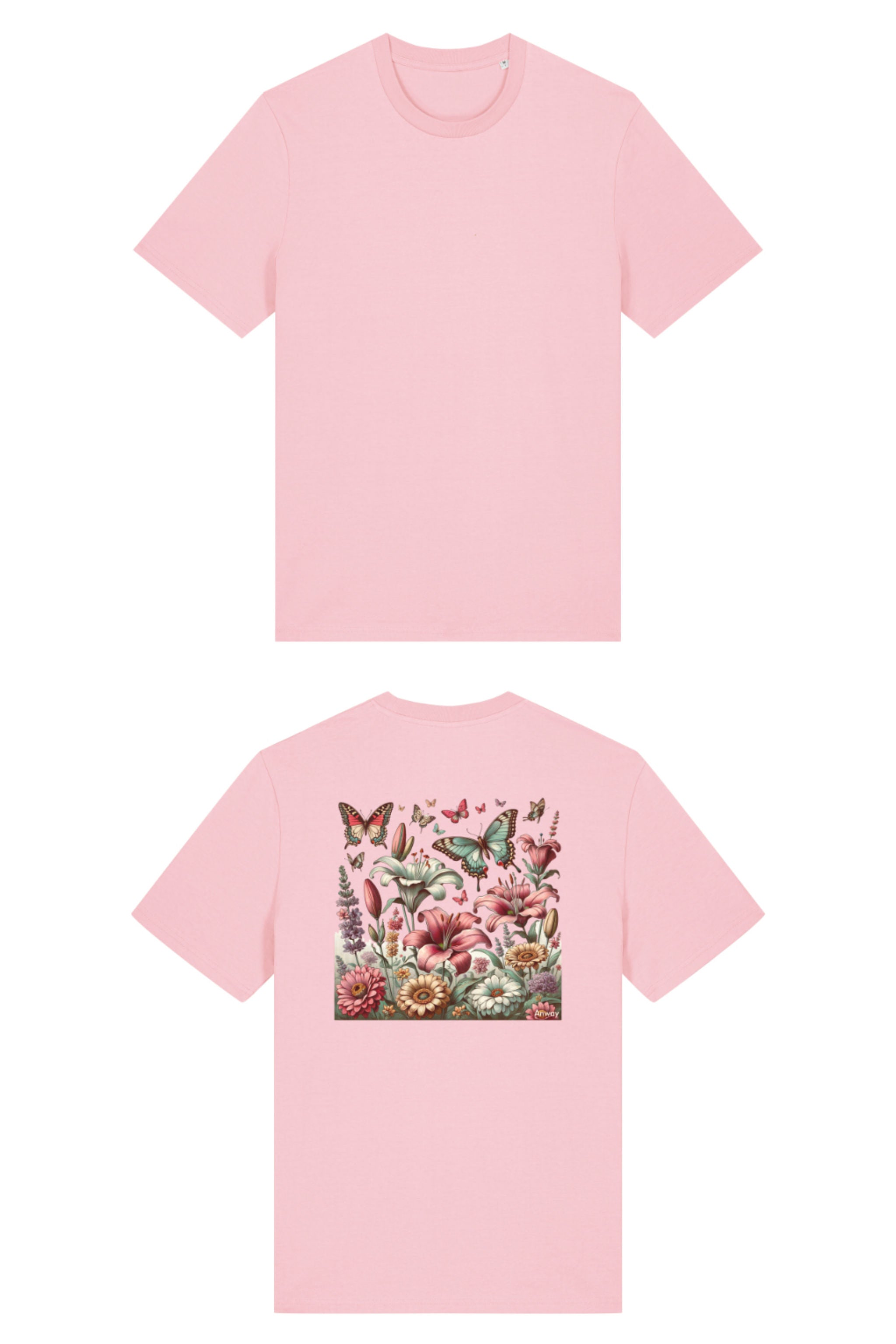 T-Shirt aus 100 % Bio-Baumwolle mit normaler Passform, erhältlich in verschiedenen Farben wie Blue Soul, Cotton Pink, Lavender, Aloe, Weiss und Schwarz. Individuell bedruckbar mit Wunschmotiv. Weiches, angenehm leichtes Material für hohen Tragekomfort. Ideal für einen zeitgemässen, entspannten Look. Buntes Blumen- und Schmetterlingsfeld im Illustrationsstil auf der Rückseite.