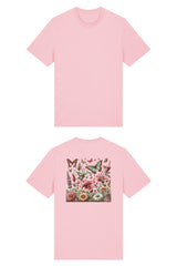 T-Shirt aus 100 % Bio-Baumwolle mit normaler Passform, erhältlich in verschiedenen Farben wie Blue Soul, Cotton Pink, Lavender, Aloe, Weiss und Schwarz. Individuell bedruckbar mit Wunschmotiv. Weiches, angenehm leichtes Material für hohen Tragekomfort. Ideal für einen zeitgemässen, entspannten Look. Buntes Blumen- und Schmetterlingsfeld im Illustrationsstil auf der Rückseite.
