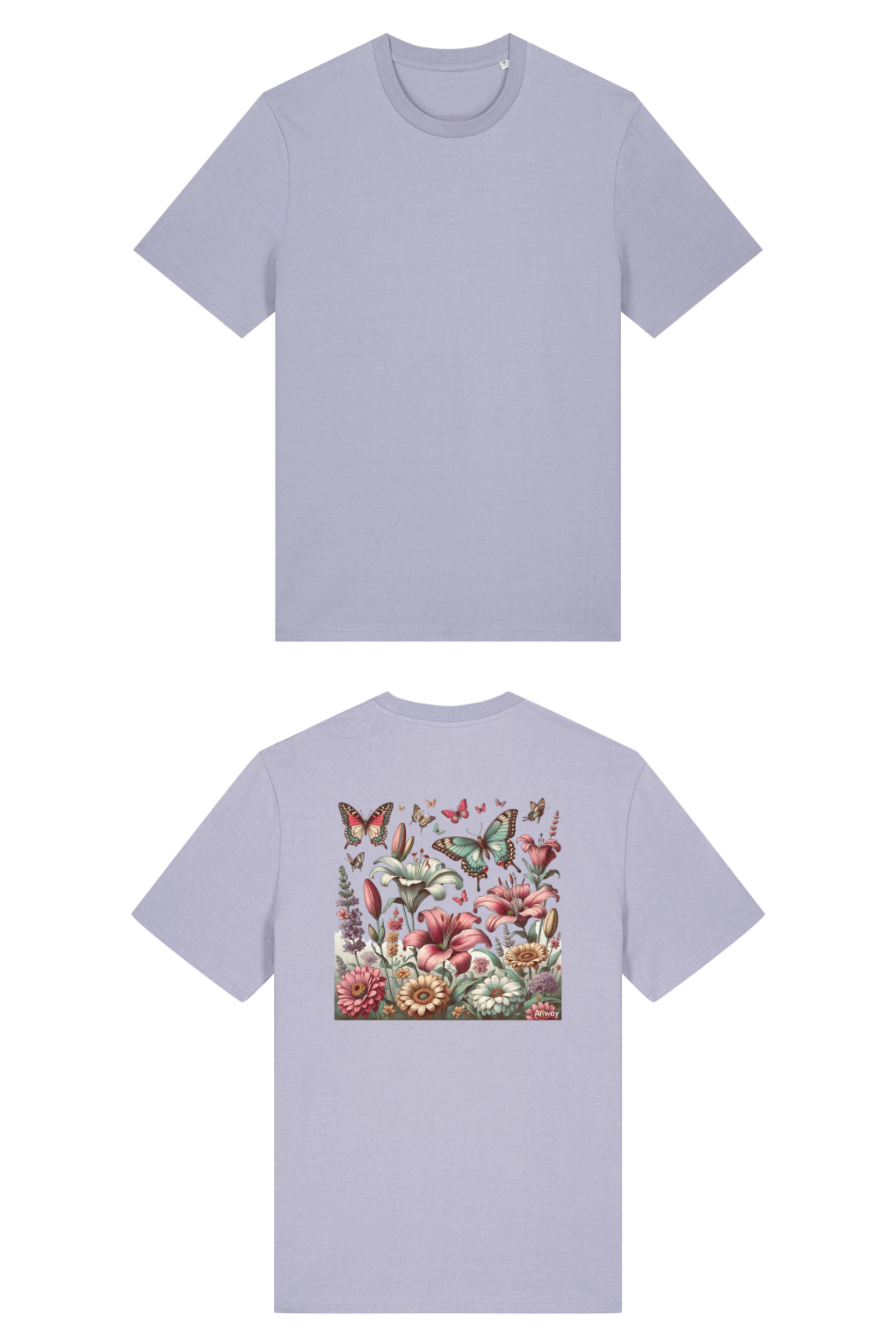 T-Shirt aus 100 % Bio-Baumwolle mit normaler Passform, erhältlich in verschiedenen Farben wie Blue Soul, Cotton Pink, Lavender, Aloe, Weiss und Schwarz. Individuell bedruckbar mit Wunschmotiv. Weiches, angenehm leichtes Material für hohen Tragekomfort. Ideal für einen zeitgemässen, entspannten Look. Buntes Blumen- und Schmetterlingsfeld im Illustrationsstil auf der Rückseite.