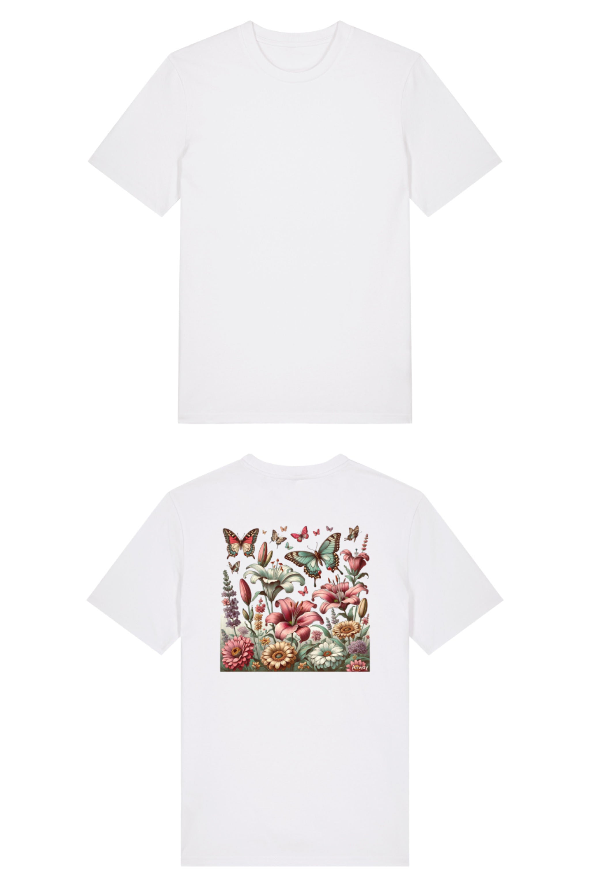T-Shirt aus 100 % Bio-Baumwolle mit normaler Passform, erhältlich in verschiedenen Farben wie Blue Soul, Cotton Pink, Lavender, Aloe, Weiss und Schwarz. Individuell bedruckbar mit Wunschmotiv. Weiches, angenehm leichtes Material für hohen Tragekomfort. Ideal für einen zeitgemässen, entspannten Look. Buntes Blumen- und Schmetterlingsfeld im Illustrationsstil auf der Rückseite.