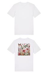 T-Shirt aus 100 % Bio-Baumwolle mit normaler Passform, erhältlich in verschiedenen Farben wie Blue Soul, Cotton Pink, Lavender, Aloe, Weiss und Schwarz. Individuell bedruckbar mit Wunschmotiv. Weiches, angenehm leichtes Material für hohen Tragekomfort. Ideal für einen zeitgemässen, entspannten Look. Buntes Blumen- und Schmetterlingsfeld im Illustrationsstil auf der Rückseite.