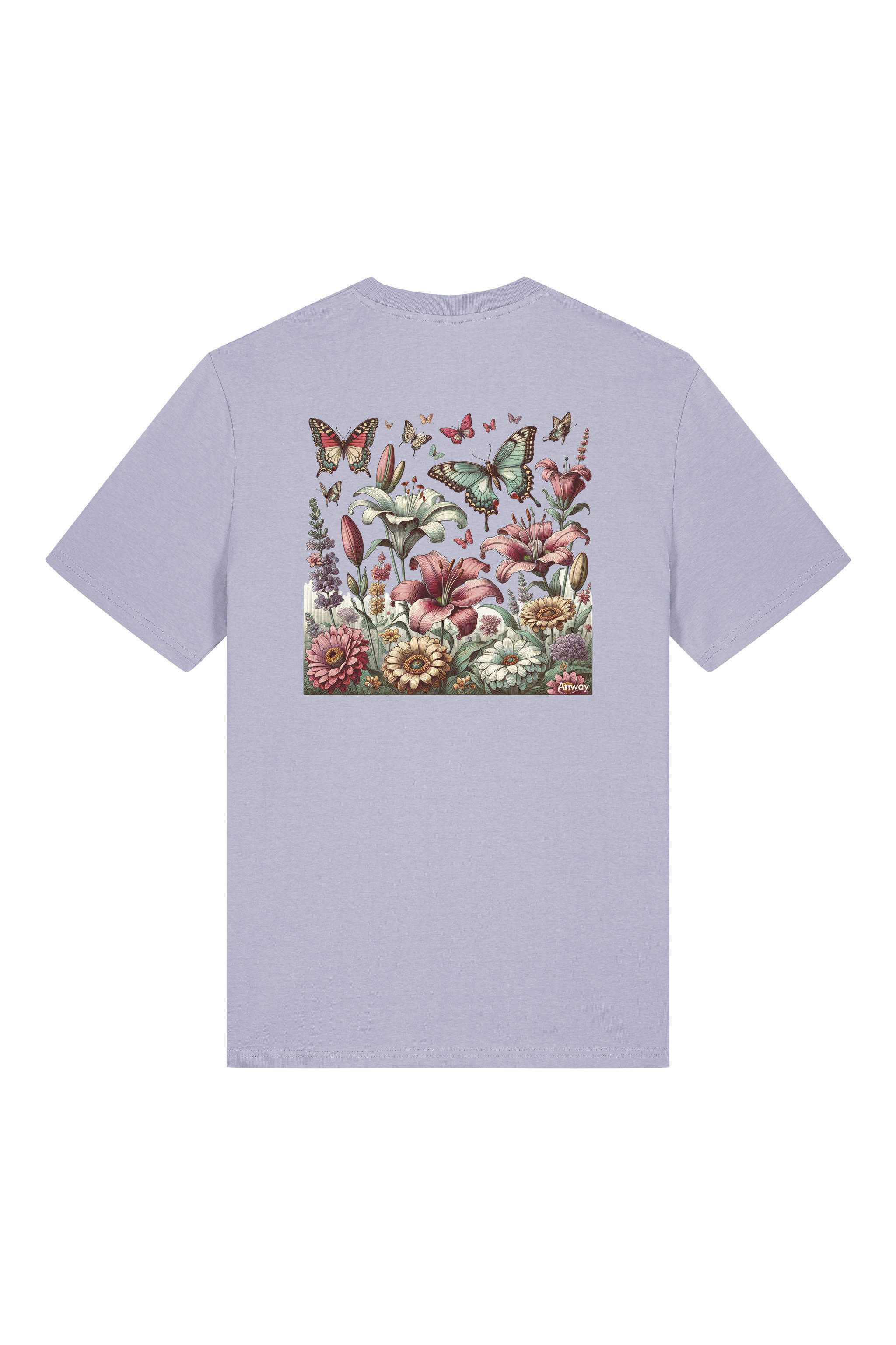 T-Shirt aus 100 % Bio-Baumwolle mit normaler Passform, erhältlich in verschiedenen Farben wie Blue Soul, Cotton Pink, Lavender, Aloe, Weiss und Schwarz. Individuell bedruckbar mit Wunschmotiv. Weiches, angenehm leichtes Material für hohen Tragekomfort. Ideal für einen zeitgemässen, entspannten Look. Buntes Blumen- und Schmetterlingsfeld im Illustrationsstil auf der Rückseite.