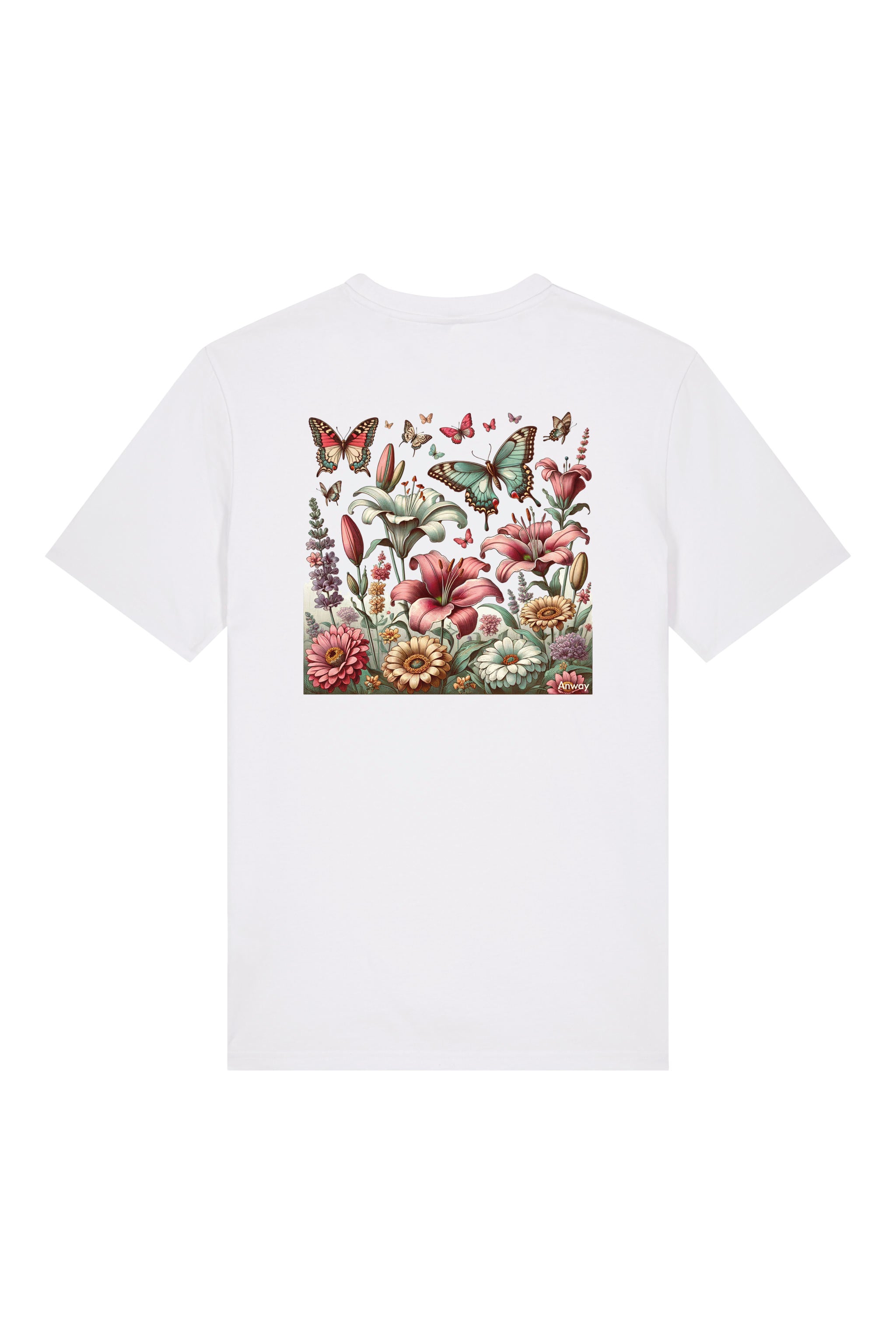 T-Shirt aus 100 % Bio-Baumwolle mit normaler Passform, erhältlich in verschiedenen Farben wie Blue Soul, Cotton Pink, Lavender, Aloe, Weiss und Schwarz. Individuell bedruckbar mit Wunschmotiv. Weiches, angenehm leichtes Material für hohen Tragekomfort. Ideal für einen zeitgemässen, entspannten Look. Vorderseite: Farbiger Schmetterling auf der linken Brust. Rückseite: Buntes Blumen- und Schmetterlingsfeld im Illustrationsstil.