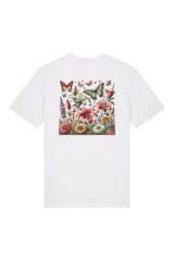 T-Shirt aus 100 % Bio-Baumwolle mit normaler Passform, erhältlich in verschiedenen Farben wie Blue Soul, Cotton Pink, Lavender, Aloe, Weiss und Schwarz. Individuell bedruckbar mit Wunschmotiv. Weiches, angenehm leichtes Material für hohen Tragekomfort. Ideal für einen zeitgemässen, entspannten Look. Buntes Blumen- und Schmetterlingsfeld im Illustrationsstil auf der Rückseite.