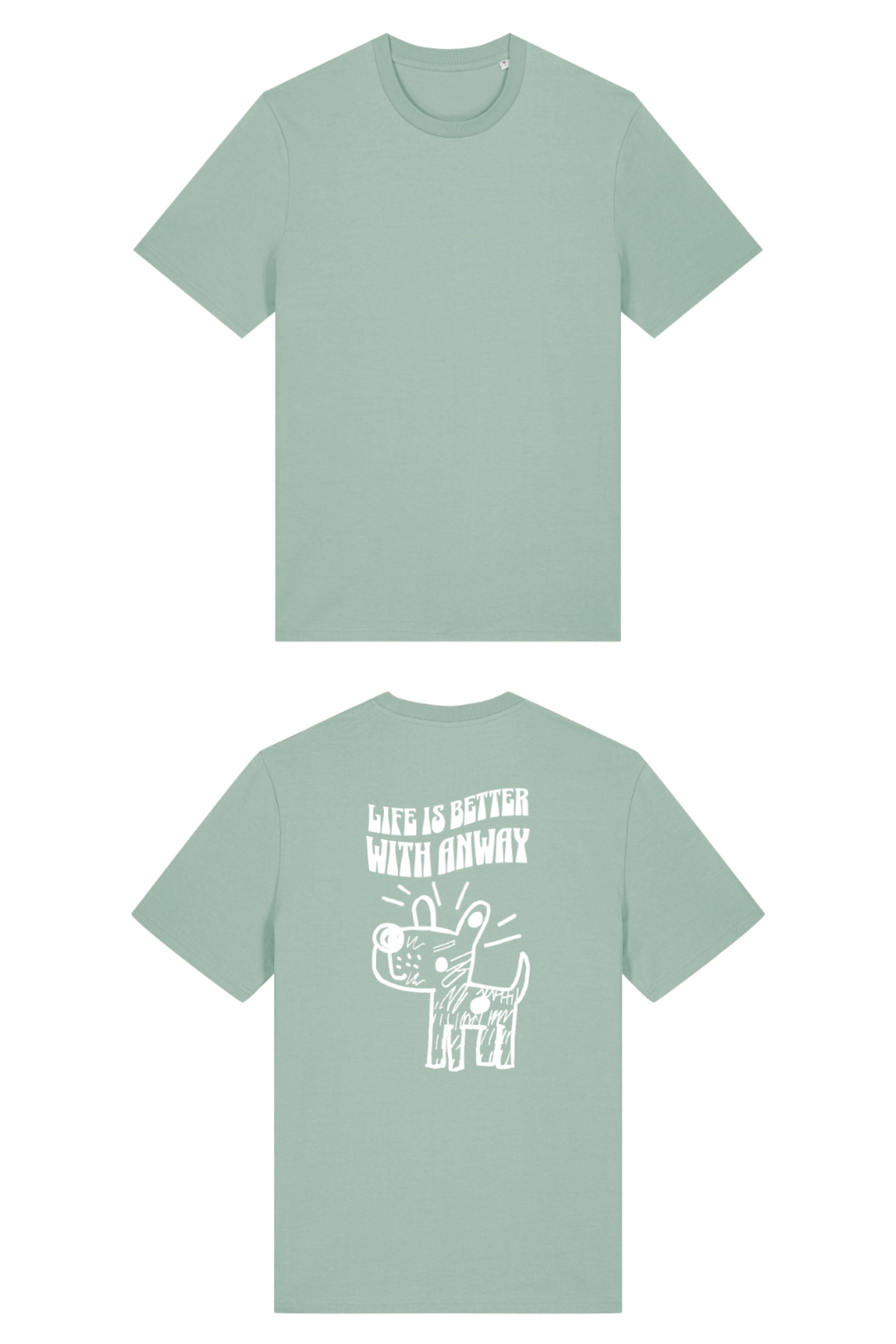 T-Shirt aus 100 % Bio-Baumwolle mit normaler Passform, erhältlich in verschiedenen Farben wie Blue Soul, Cotton Pink, Lavender, Aloe, Weiss und Schwarz. Individuell bedruckbar mit Wunschmotiv. Weiches, angenehm leichtes Material für hohen Tragekomfort. Ideal für einen zeitgemässen, entspannten Look. Handgezeichnetes Hundemotiv und Schriftzug „LIFE IS BETTER WITH ANWAY“ auf der Rückseite.